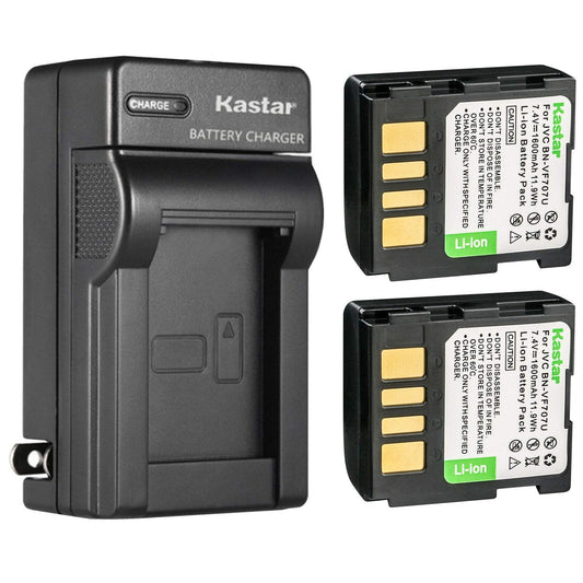 Kastar 2-Pack BN-VF707U Battery and AC Wall Charger Replacement for JVC GZ-MG21EX GZ-MG21EY GZ-MG21ZEZ GZ-MG21U GZ-MG21US GZ-MG22 GZ-MG22AG GZ-MG22AS