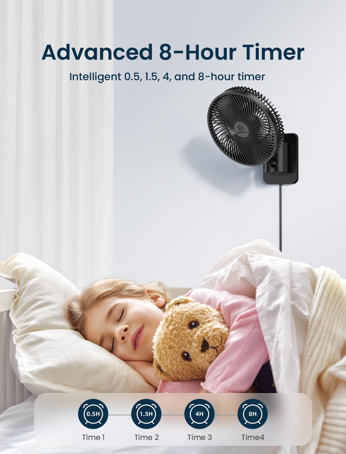 8.5-Inch Quiet Wall-Mounted Oscillation Fan with Remote & Timer, 4-Speed Adjustable for Small Bathrooms, Indoor Bedroom Cooling for RV, Adjustable