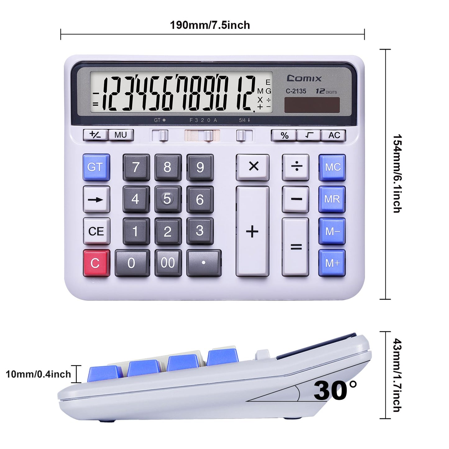 Comix Desktop Calculator Solar Battery Dual Power with 12-Digit Large LCD Display and Large Computer Keys Standard Function Calculator for Home Office
