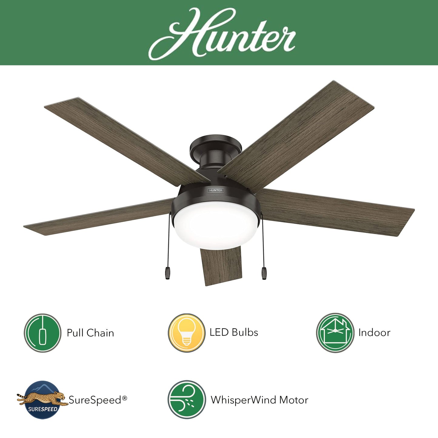 Hunter Fan 52 inch Low Profile Noble Bronze Indoor Ceiling Fan with LED Light Kit and Pull Chain (Renewed)