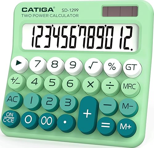 CATIGA Mechanical Switch Calculator with Solar and Battery Dual Power, 12-Digit Large LCD Display, Aesthetic and Cute Desktop Calculator with Big