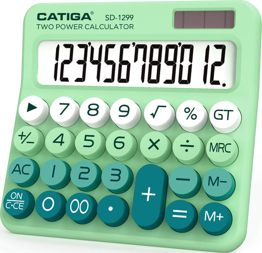 CATIGA Mechanical Switch Calculator with Solar and Battery Dual Power, 12-Digit Large LCD Display, Aesthetic and Cute Desktop Calculator with Big