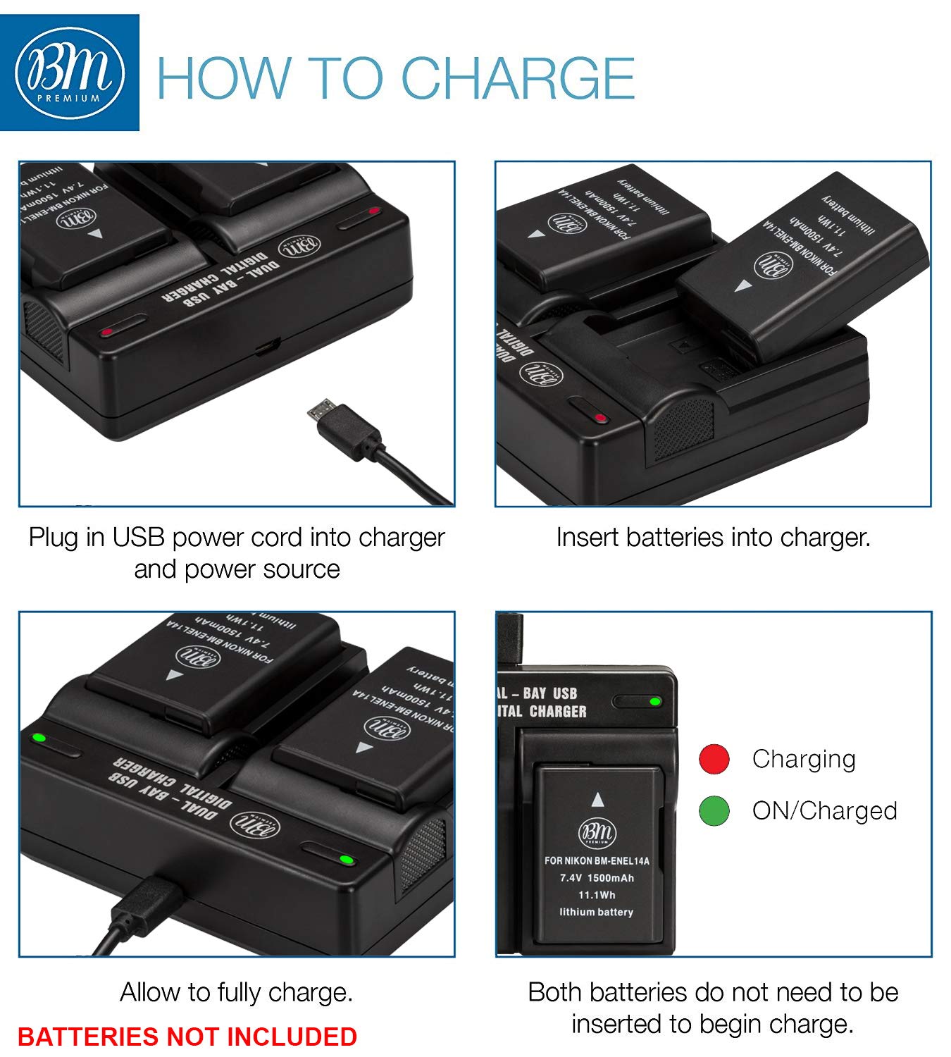 BM Premium EN-EL14, ENEL14A Dual Rapid Battery Charger for Nikon D3400, D3500, D5600, D3100, D3200, D3300, D5100, D5200, D5300, D5500, DF, Coolpix