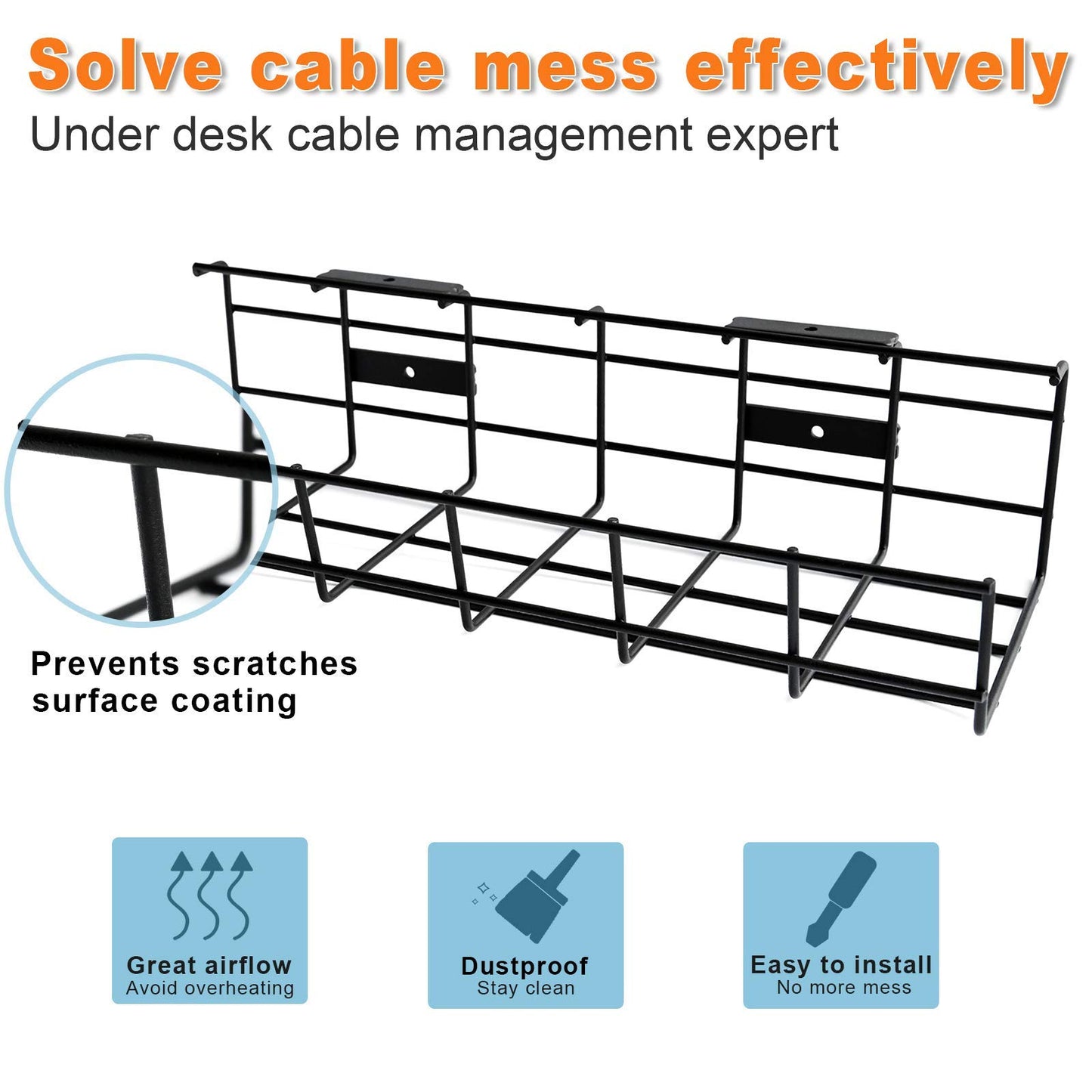 COYACOOL Under Desk Cable Management- 2 Pack Cord Organizer. Metal Wire Cable Management Tray for Office, Studio and Home. Super Sturdy Under Table