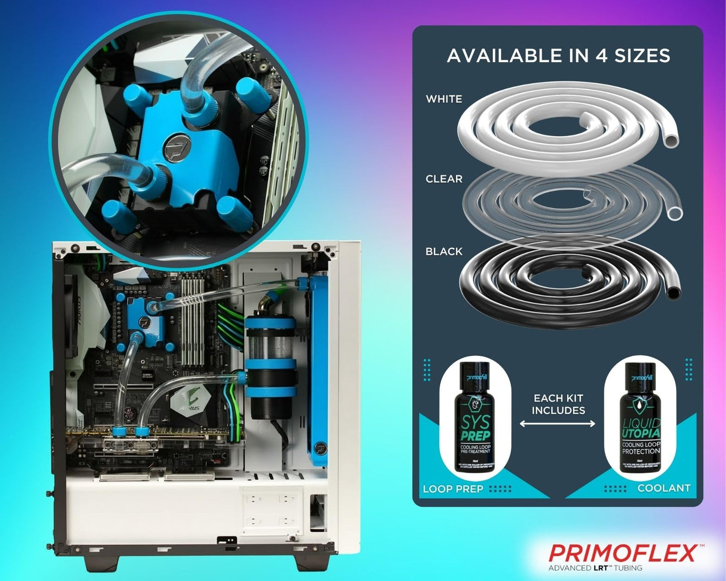 PrimoChill PrimoFlex LRT Custom Watercooling Flexible Tubing -7/16in.ID x 5/8in.OD, 10 feet Bundled with System Prep and Coolant, Made with Premium