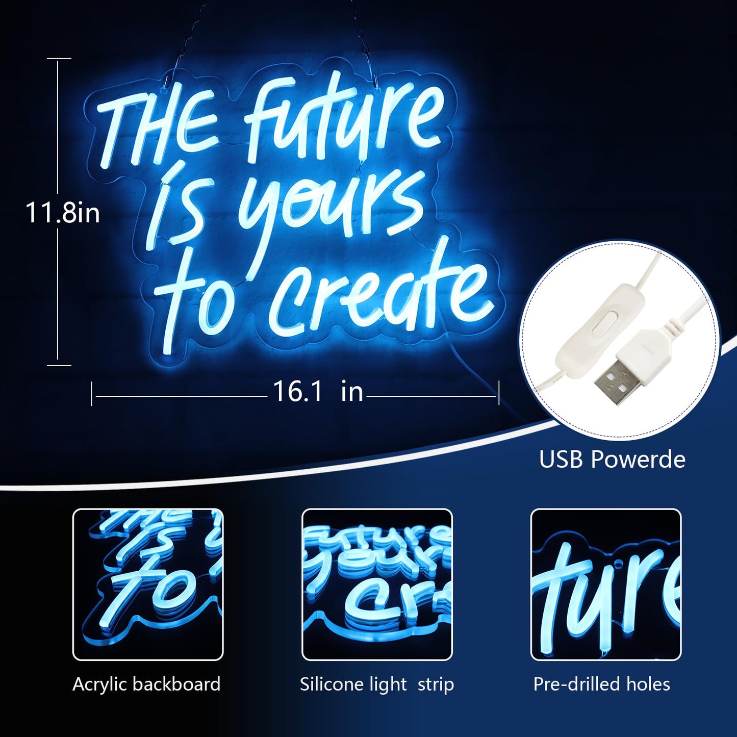 WonderfulLife The Future is Yours to Create Neon Sign for Wall Decor Suitable for Office Man Cave or Bedroom,Fresh Azure Letters Lights can Calm Your