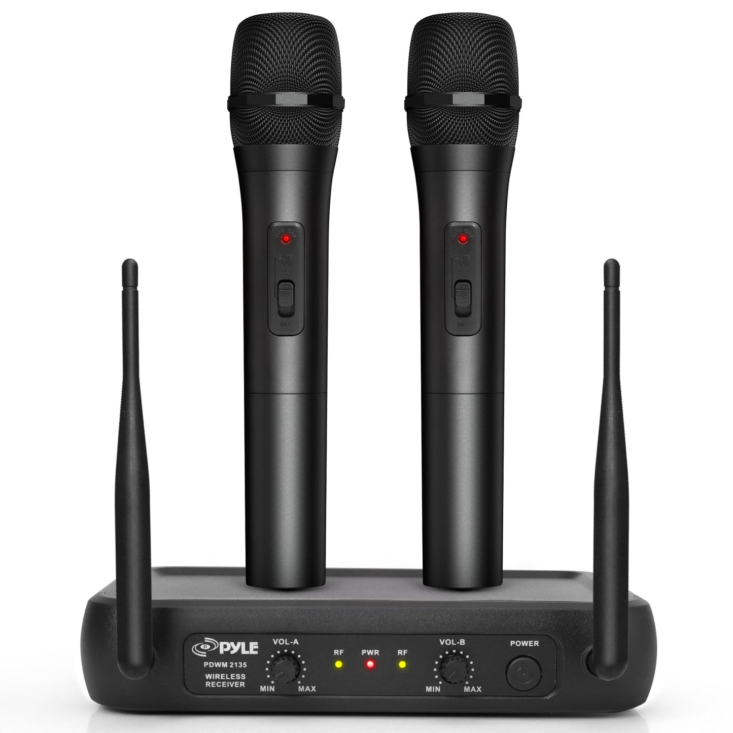 Pyle Channel Microphone System-VHF Fixed Dual Frequency Wireless Set with 2 Handheld Dynamic Transmitter Mics, Receiver Base-for PA, Karaoke, Dj Party