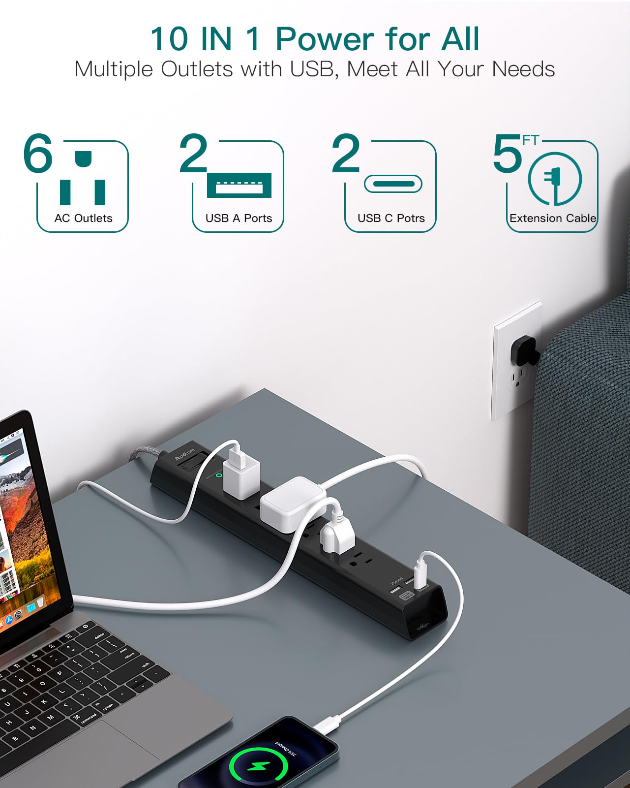 Surge Protector Power Strip - Extension Cord with Addtam 6 AC Outlets 4 USB (2 USB-C Ports), 1875W/15A, Flat Plug with Overload Surge Protection