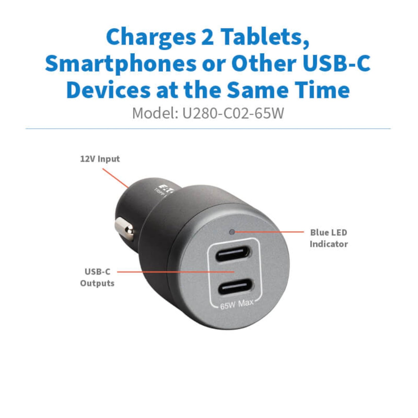 Eaton Tripp Lite Series 65W USB C Car Charger Cigarette Lighter Adapter, 2 USB-C Ports, Power Delivery (PD) 3.1 and PPS Charging, Fasting Charging