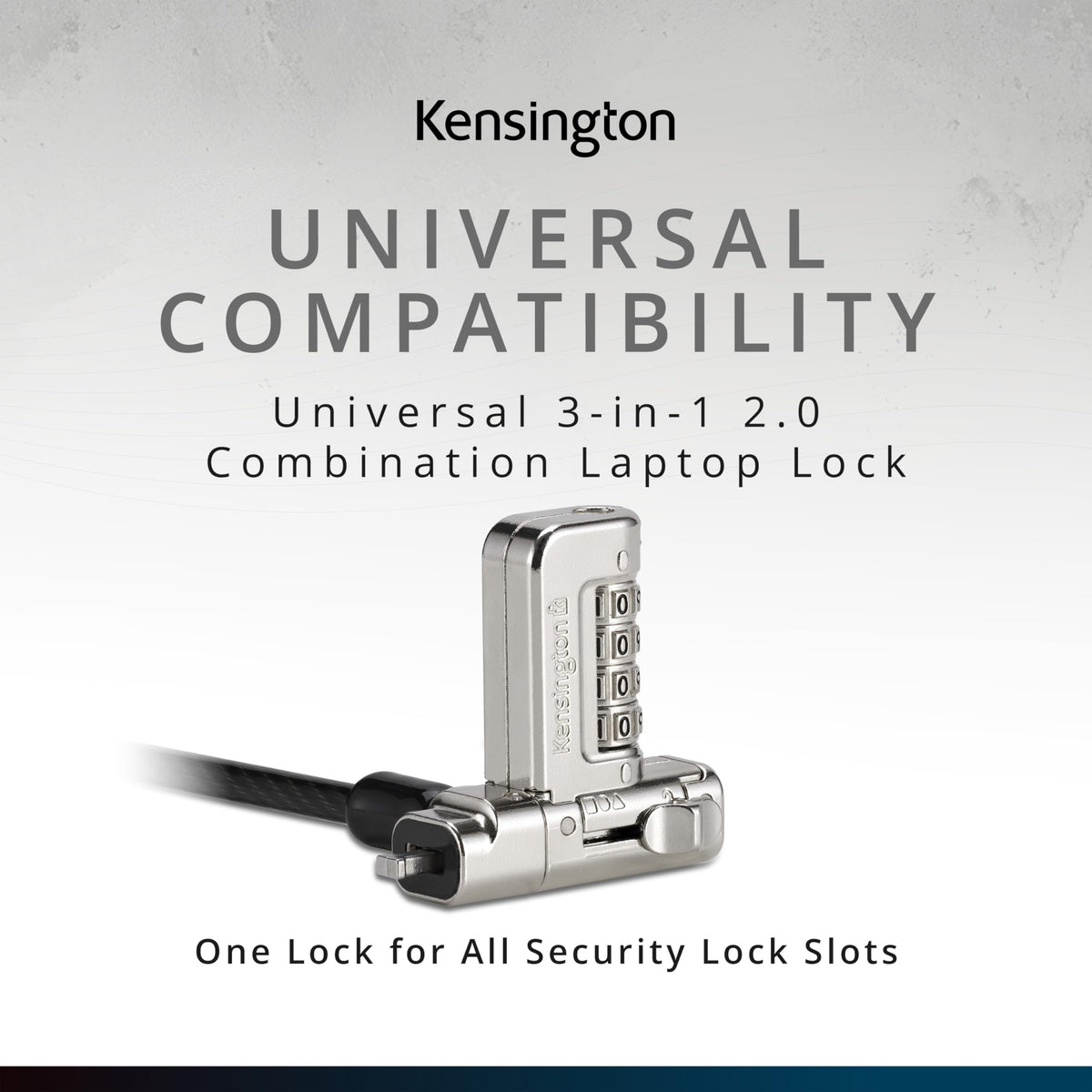 Kensington universal 3-in-1 2.0 combination laptop lock, fits T-bar, nano, N17, wedge-shaped lock types, 6-foot computer security locking cable