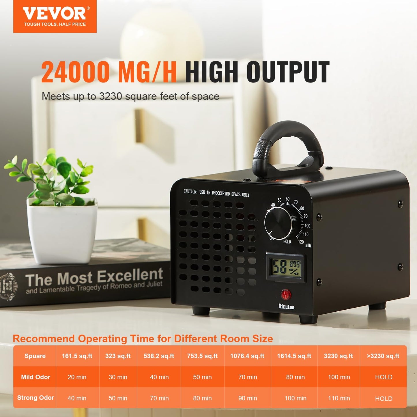 VEVOR Ozone Generator, 24000mg/h Ozone Machine, High Capacity Commercial/Industrial Ozone Generator Machine with 0-120 min Time Setting for Rooms