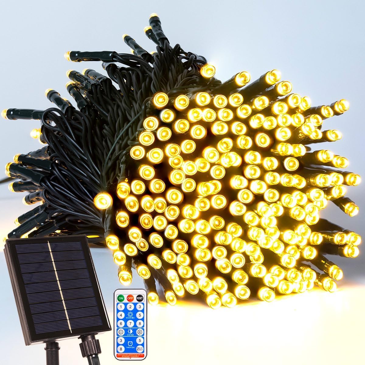 RESNICE 66FT Solar Outdoor String Lights Long 200 LED with USB Charging & Remote & Memory Solar Powered Christmas Tree Lights Waterproof for Outside