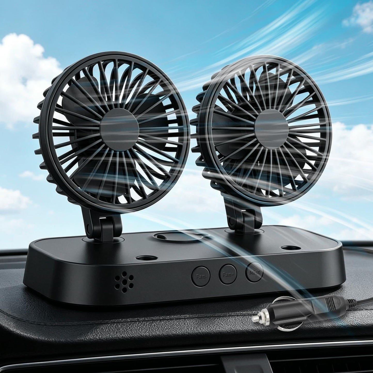 AKSDESY Car Fan, Dual Head USB Fan with Mist Function