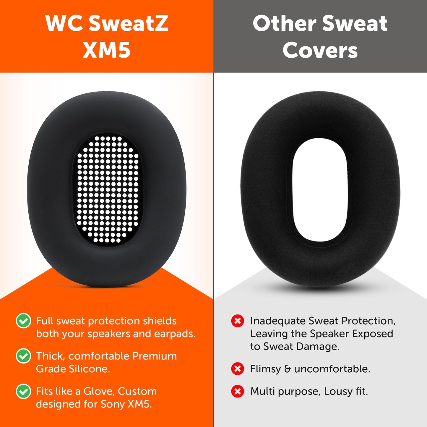 WC SweatZ XM5 - Patented Earpad Sweat Covers for Sony WH1000XM5 by Wicked Cushions | Full 360 Earpad Protection | Sweatproof & Easily Washable | Black
