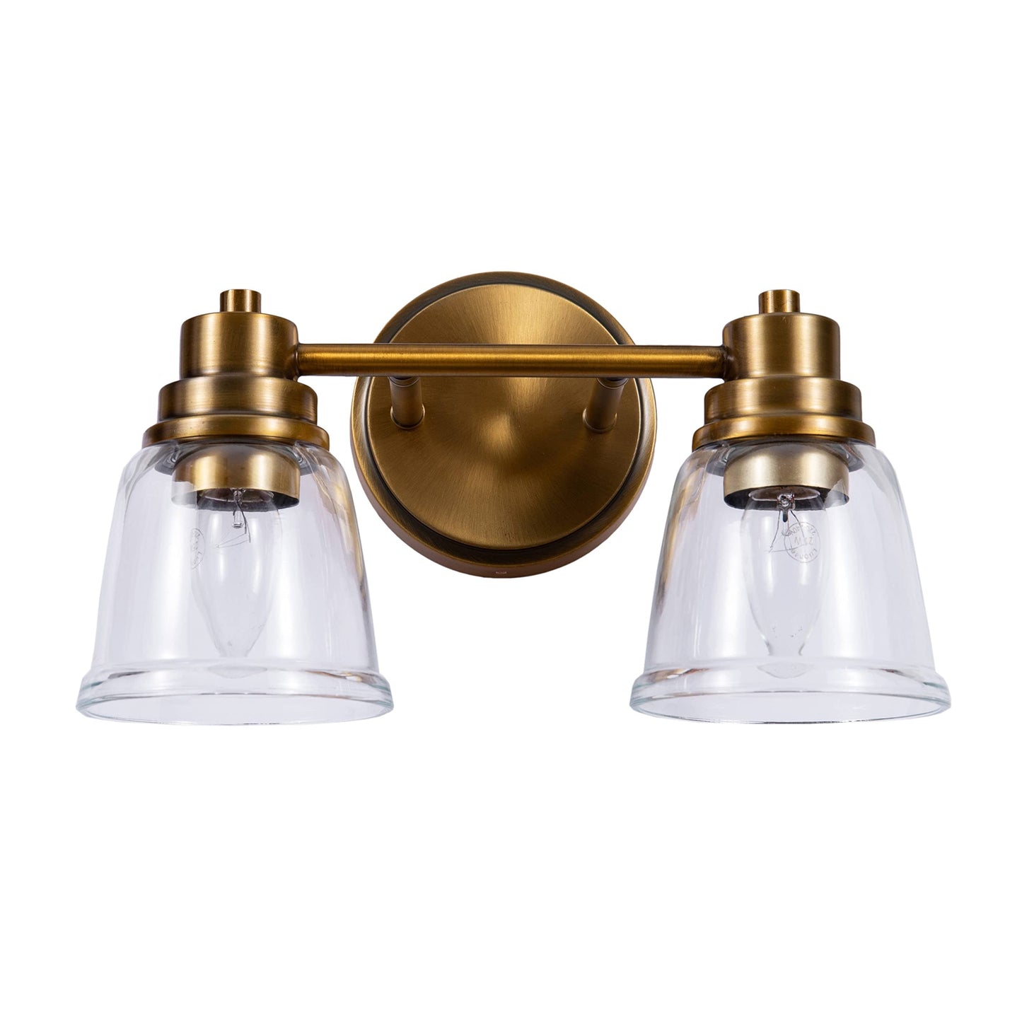 Aspen Creative 62284, Bathroom Vanity 2 Lights Fixture, 12-3/4" W x 7-7/8" H x 6-3/4" E, Warm Brass Finish, Clear Glass, Bulb Not Included