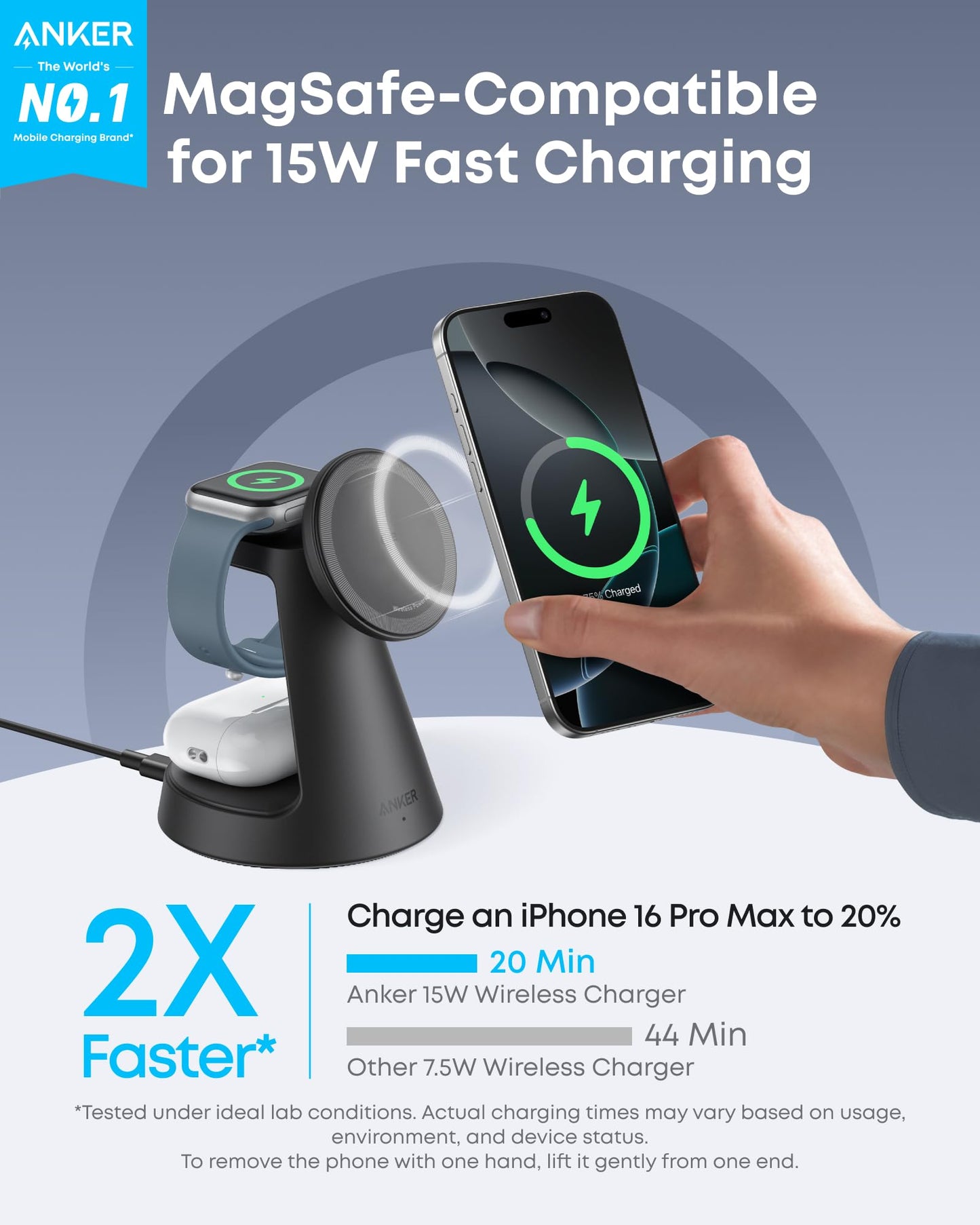Anker MagSafe Charger Compatible, MagGo 3-in-1 Charging Station, Nano Charging Stand, Qi2 Certified 15W Magnetic Wireless Charger Dock