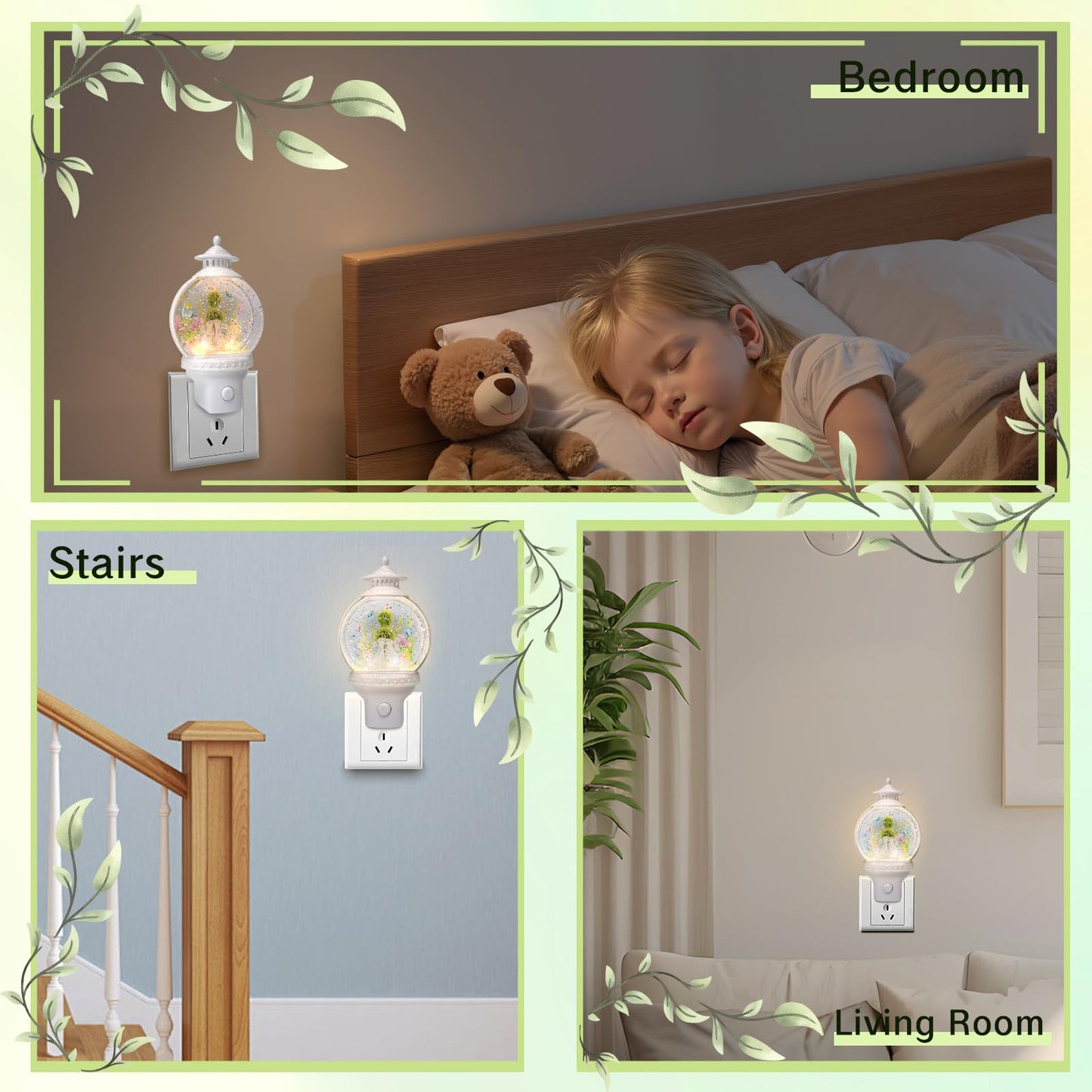 Xanqinluma Spring Night Light Plug into Wall Rabbits and Butterfly Flowers Nightlight with USB/Outlet Options Spring Night Light Snow Globe for Kids