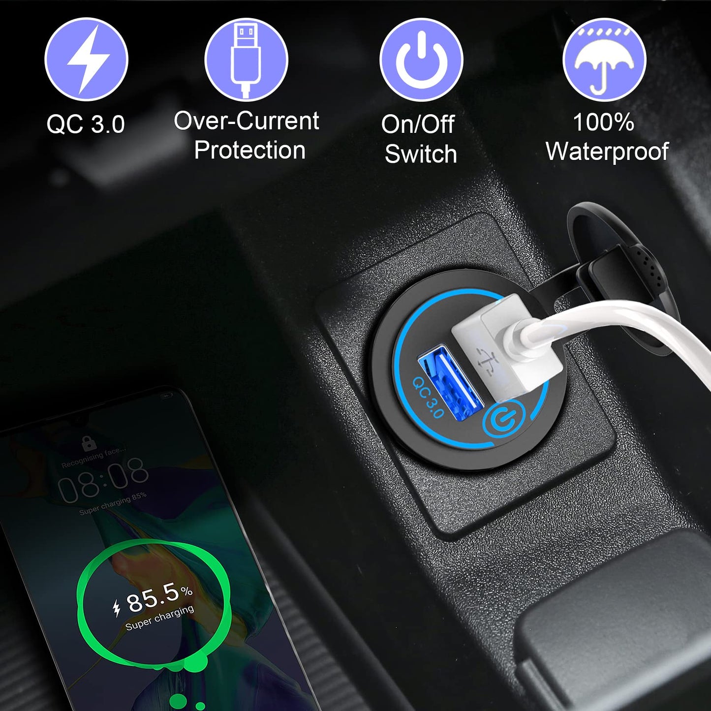 QC3.0 Dual USB 12V Outlet with Touch Switch: 12 Volt Marine Socket Golf Cart USB Port DC Car Charger Waterproof Power Adapter Cigarette Lighter Mount