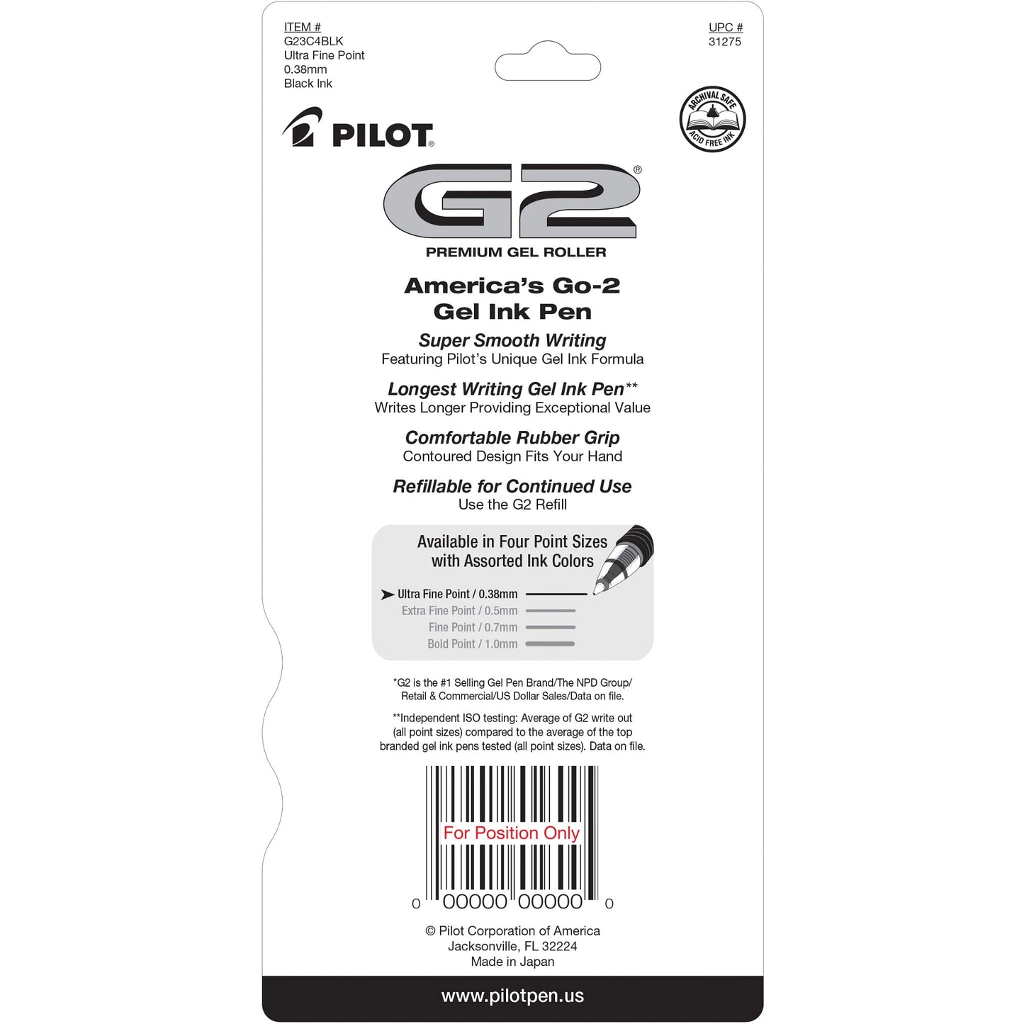 Pilot G2 Premium Refillable and Retractable Rolling Ball Gel Pens, Ultra Fine Point, Gel Ink Pens, 0.38mm, Black Ink, 4-Pack