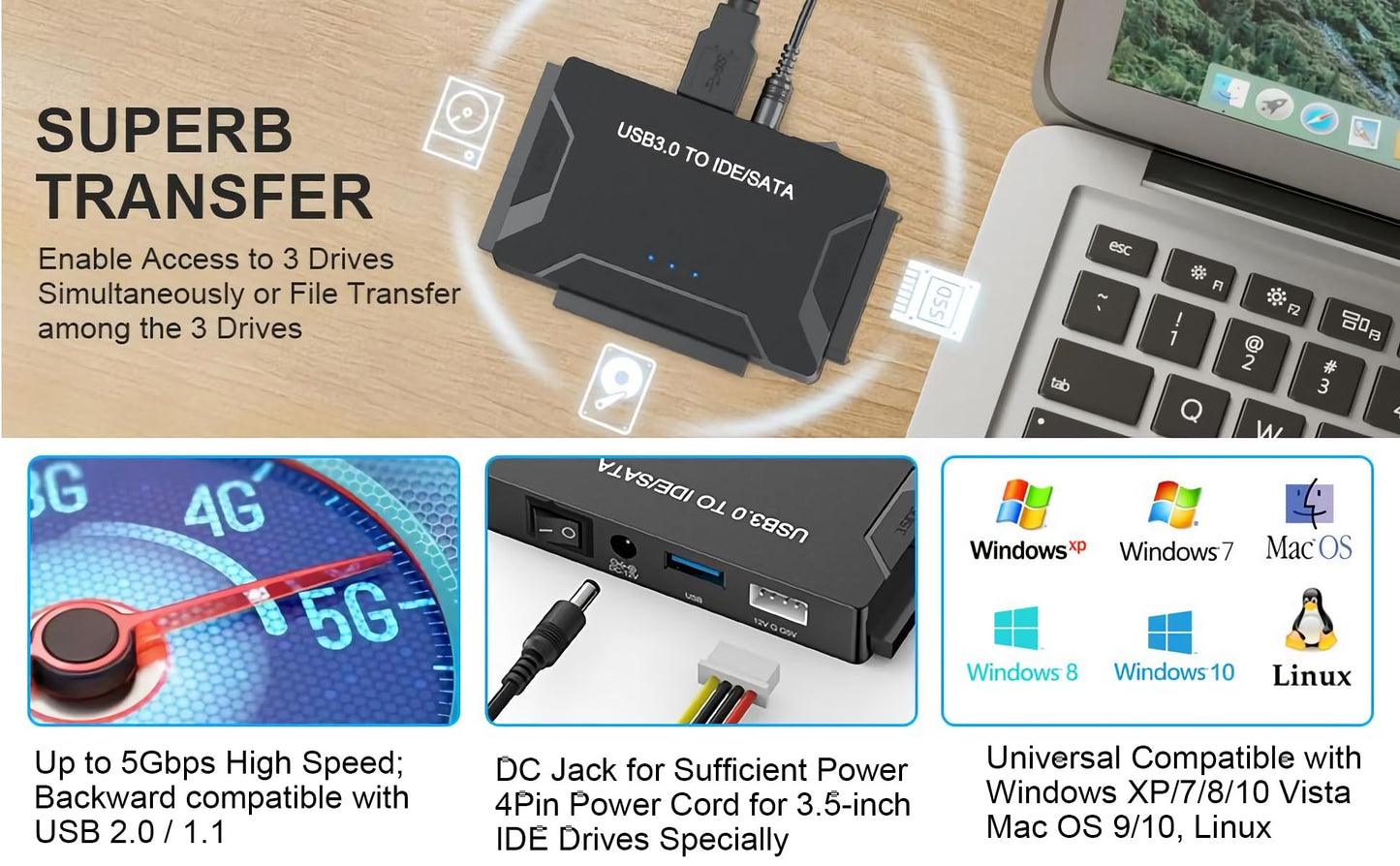EYOOLD USB 3.0 to SATA IDE Adapter, Hard Drive Reader External Ultra Recovery Converter Compatible with 2.5" 3.5" HDD, SSD,5.25-inch DVD/CD-ROM