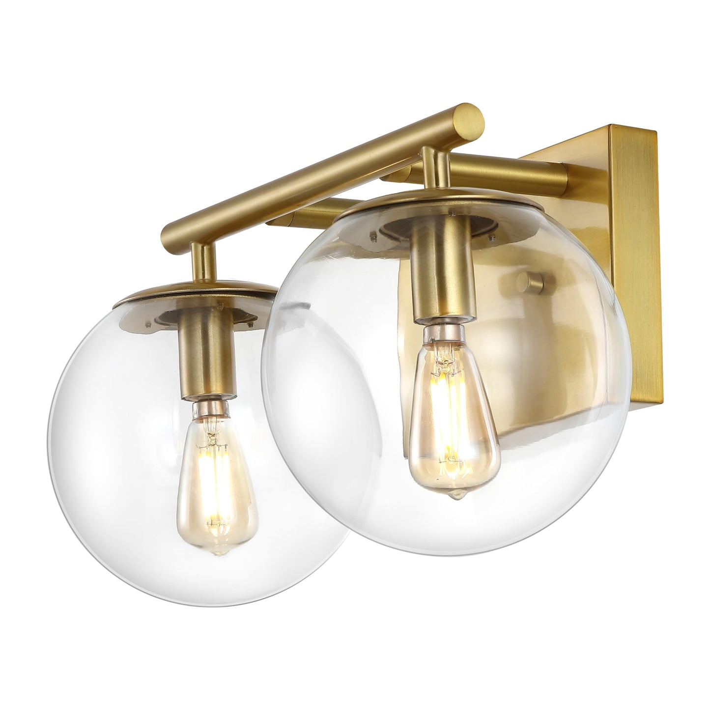 SAFAVIEH Lighting Collection Severa Brass/Clear Glass Globe Shade 2-Light Wall Sconce Light Fixture, Ideal for Bathroom, Entryway, Vanity, Foyer