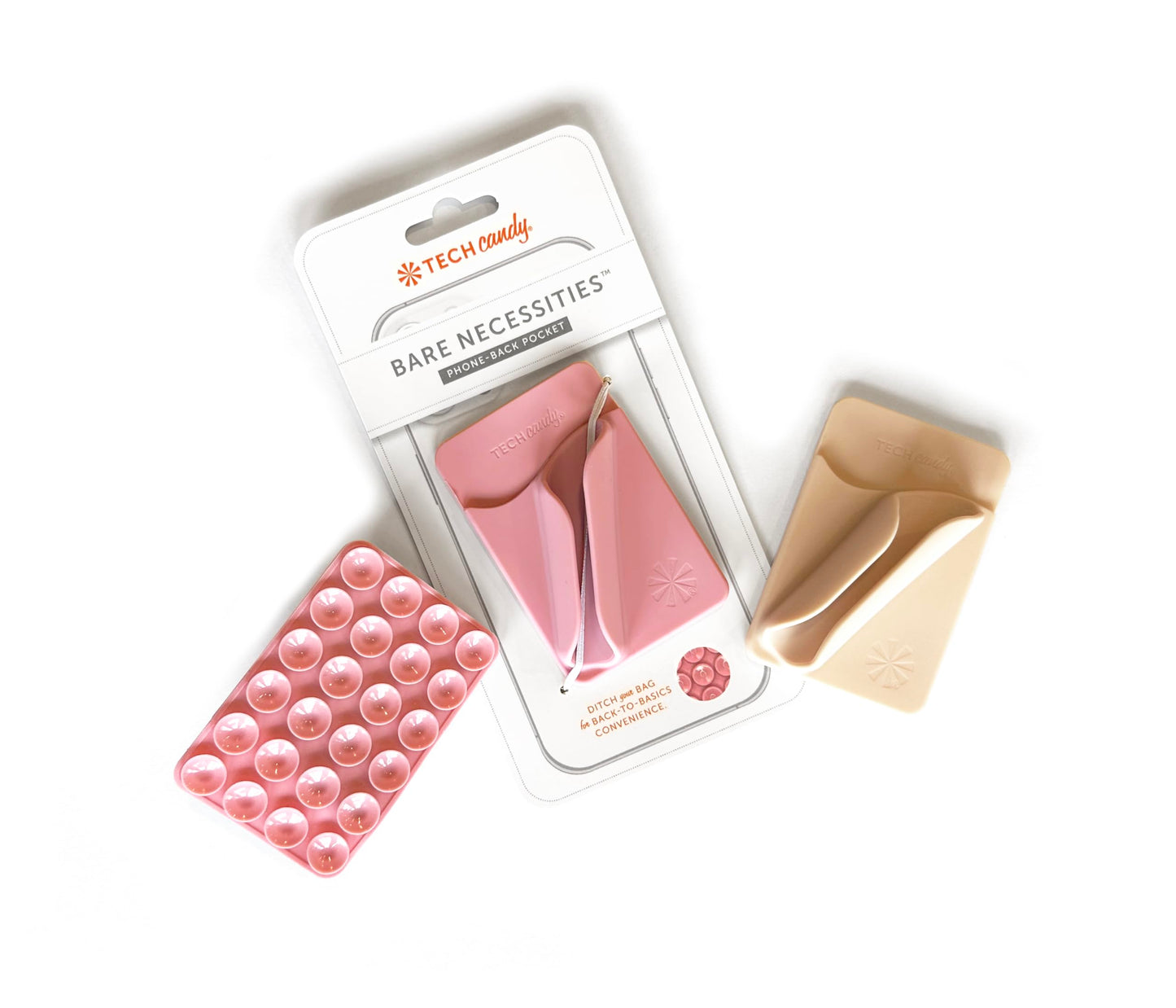 Tech Candy Bare Necessities Phone Back Pocket, Natural - Universal, Suction Cups - Holds Money, Credit Cards, Lip Gloss, & More - No Residue