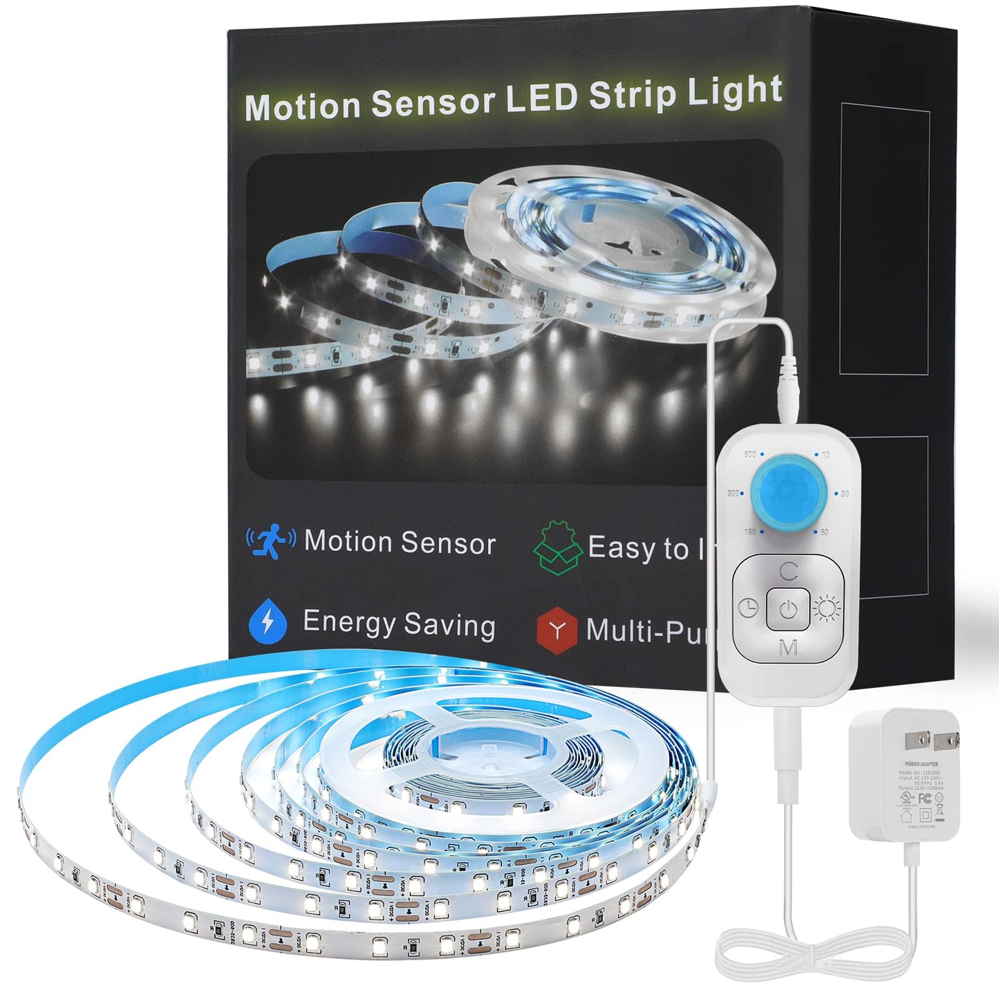 Motion Sensor Led Light Strip - Under Cabinet Lighting with Power Adapter, 6 Adjustable Brightness and Timing, Light Strips for Kitchen Cabinets