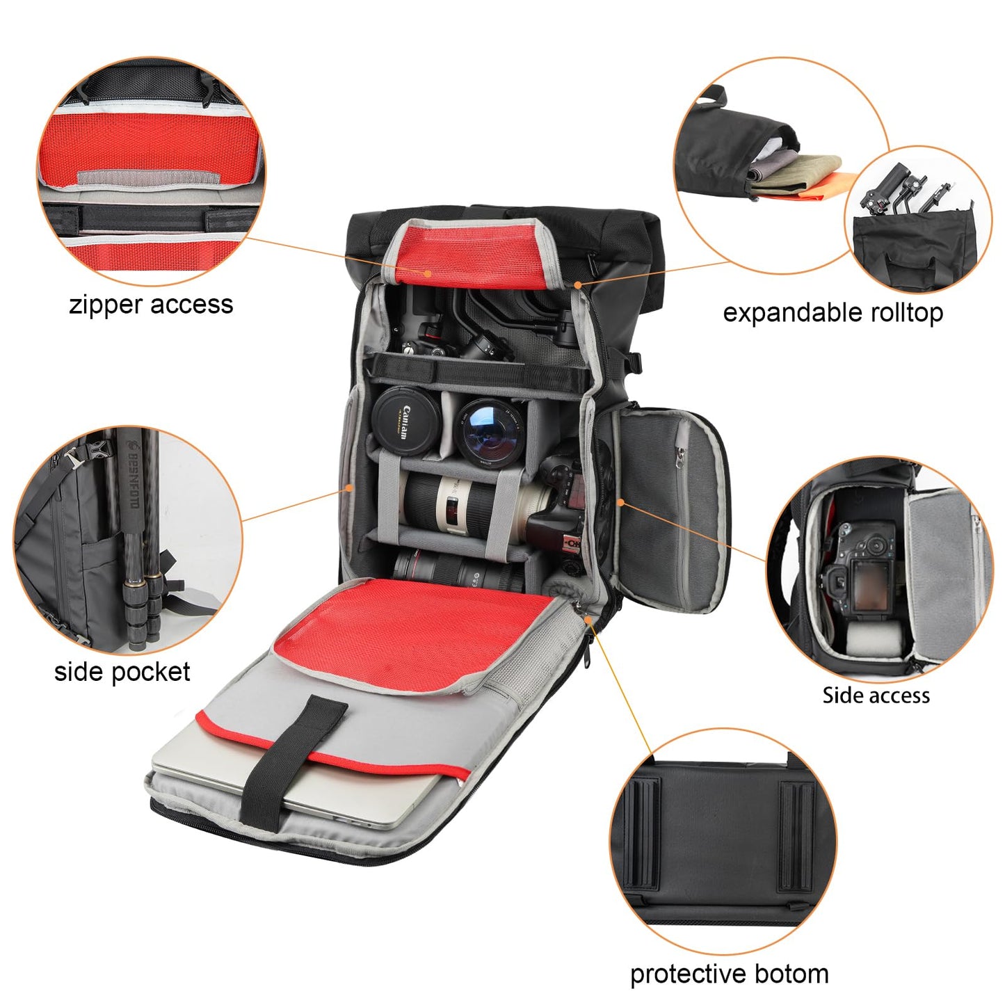 Besnfoto Camera Backpack Waterproof Camera Bag Satchel for Photographer DSLR SLR Mirrorless with Laptop Compartment and Rain Cover