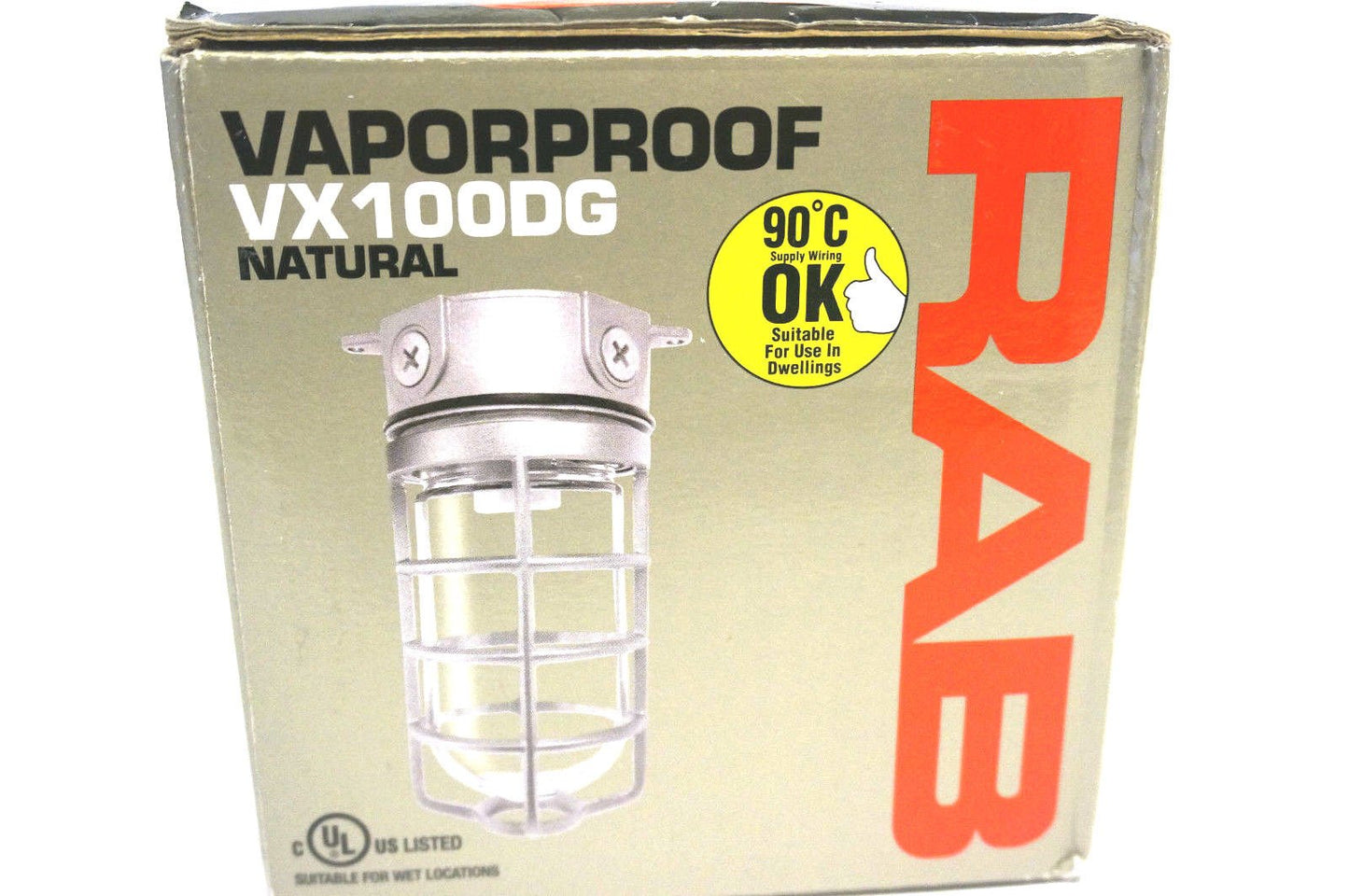 RAB Lighting VX100DG Vaporproof VX 4" Ceiling Box Mount with Glass Globe and Cast Guard, A19 Type, Aluminum, 150W Power, 1/2" Hub, Natural