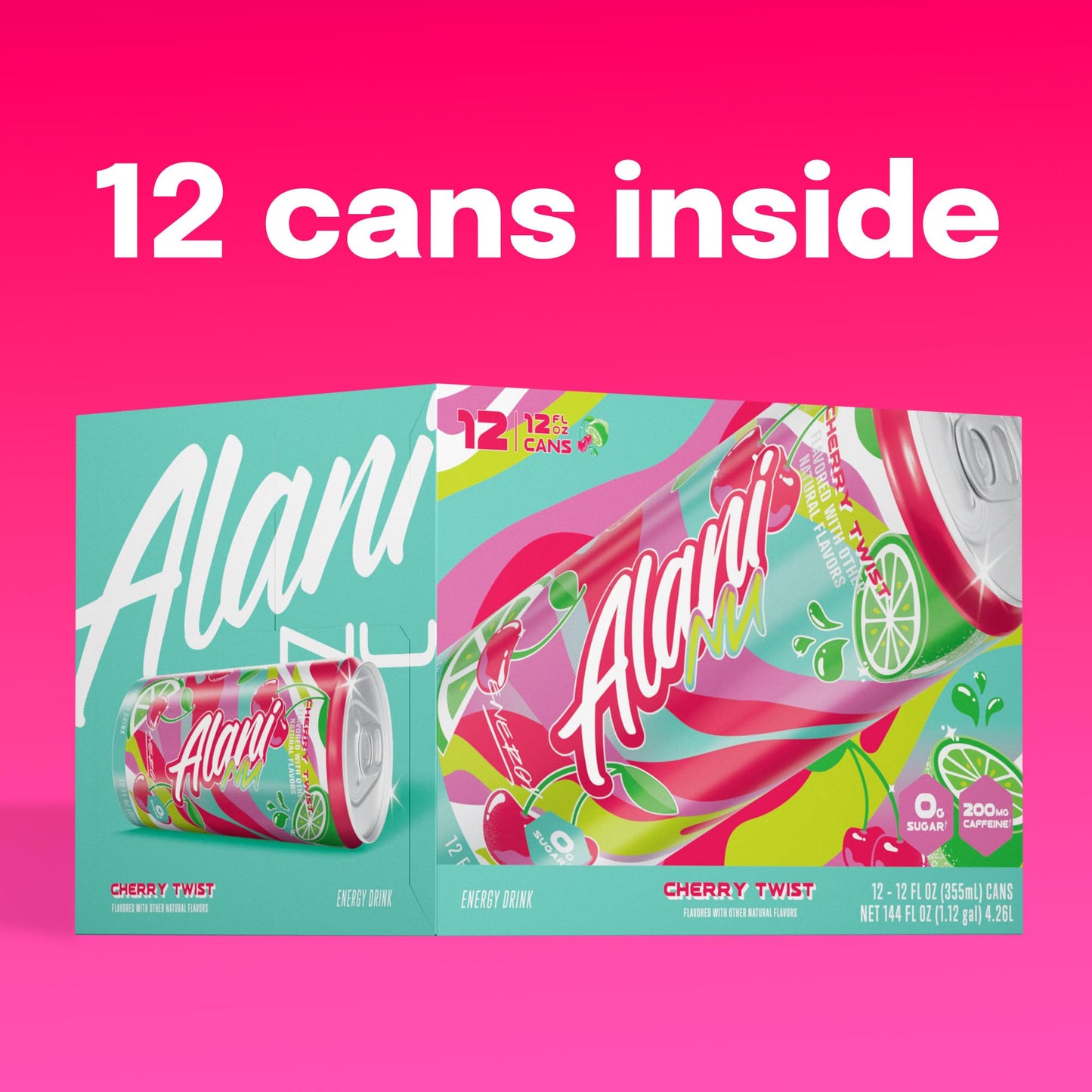Alani Nu CHERRY TWIST Sugar Free, Low Calorie Energy Drinks, 200mg Caffeine, Biotin B Vitamins, Zero Sugar, 15 Calories, 12 Fl Oz Cans, 12 Pack