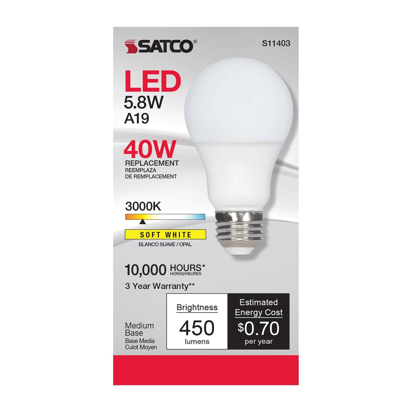 Satco 11403 5.8W LED A19 Light Bulb, 40W Replacement, 3000K Warm White, 450 Lumens