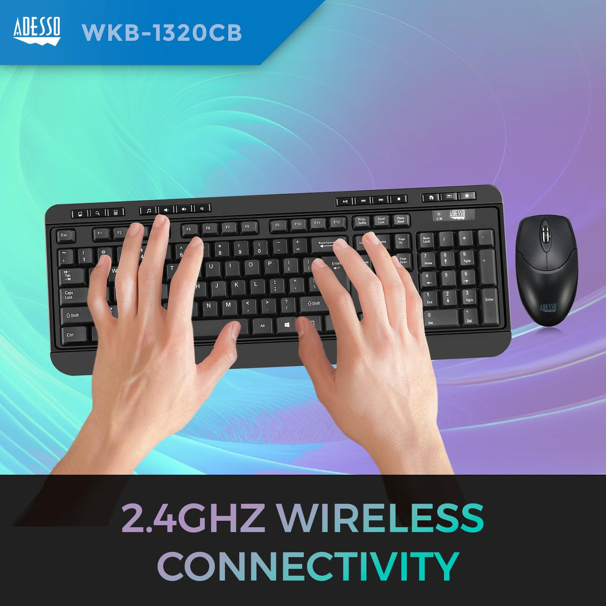 Adesso Wireless Desktop Keyboard and Mouse Combo 2.4 GHz RF Connectivity 104 Key US Layout Quiet Membrane Switches 14 Multimedia Hotkeys Optical