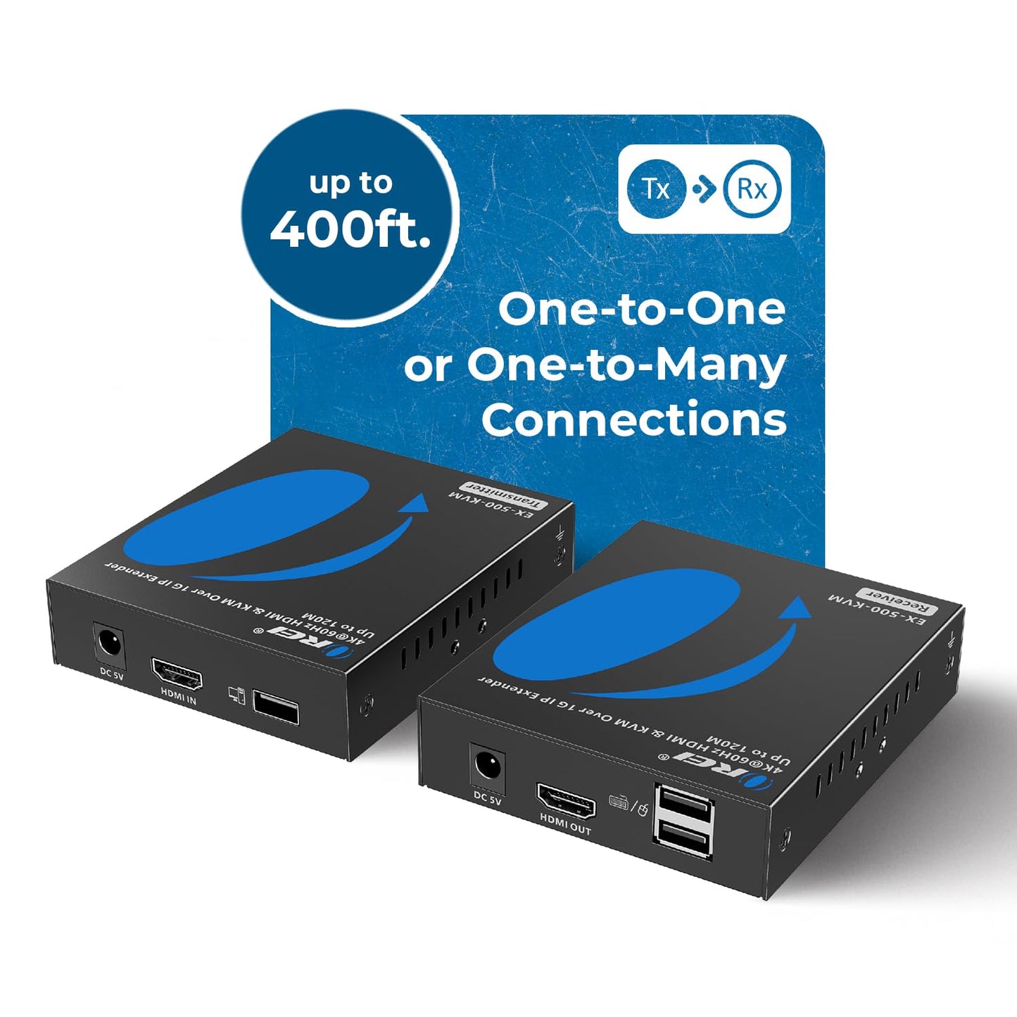 OREI 4K KVM HDMI Extender Over IP CAT6 4K@60Hz One to Many Upto 400 Feet, 2 USB 1.1 Loop Out - Send to Multiple Location Over 1G Switch (EX-500-KVM)
