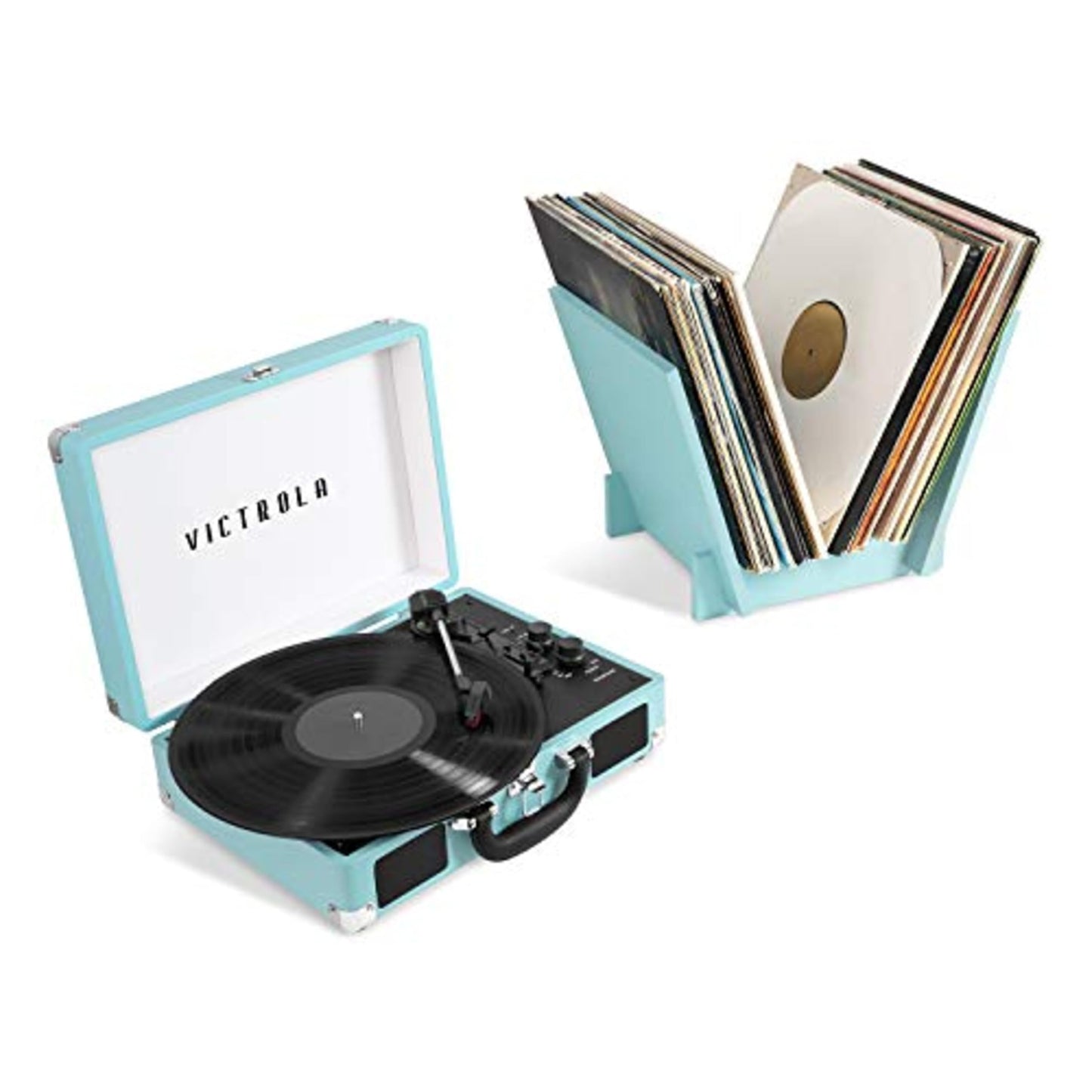 Victrola Journey + Bluetooth Suitcase Record Player with Matching Bridge Stand & Built-In Speakers - 3 Speed Vinyl Record Player, RCA Out, Headphone