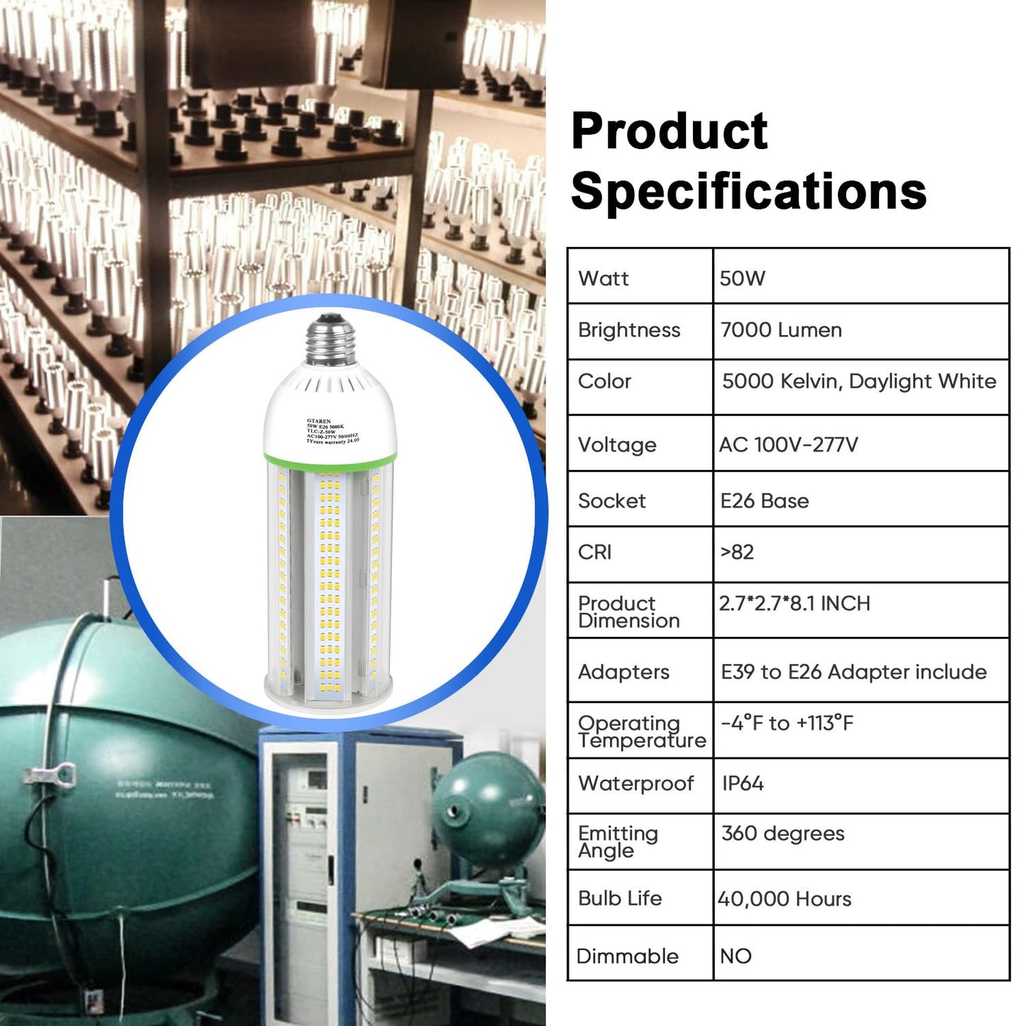 GTAREN 50W LED Corn Cob Light Bulb, 500W Equivalent, 5000K Daylight, E26/E39 Base, 7000 Lumens - Replace 175W MH/CFL, for Garage, Warehouse, Workshop