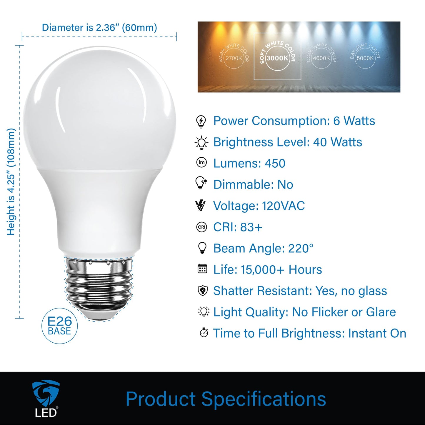 LED Light Bulbs 3000K Soft White, 40 Watt Equivalent 6W A19, 450LM E26 Standard Base, Non-Dimmable Soft White Bulbs for Kitchen Bathroom Home Office