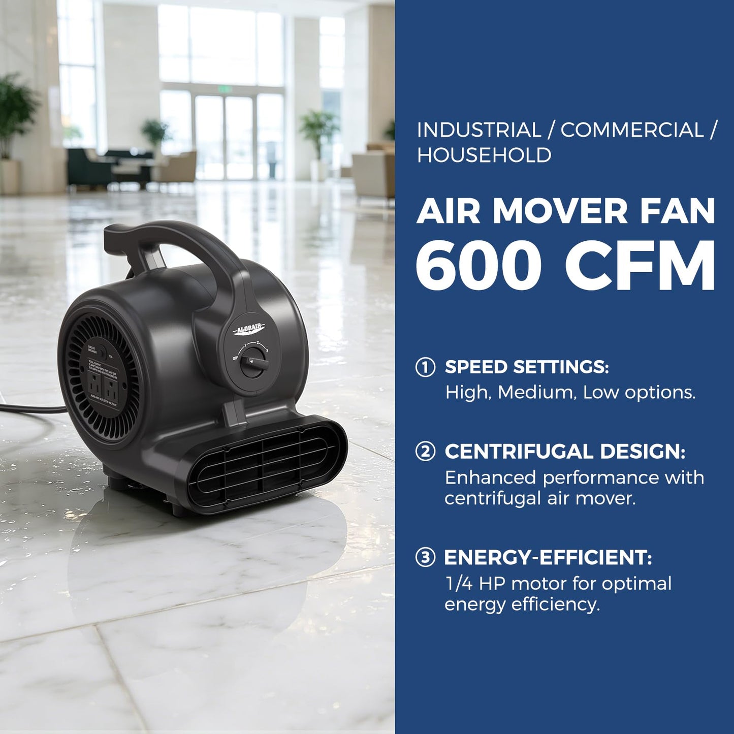 ALORAIR 3 Speed Air Mover Blower Fan 115W 600CFM Utility Floor Fan - Black