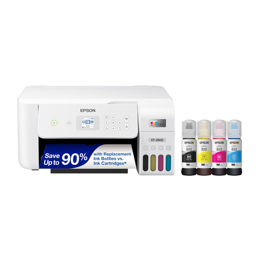 Epson EcoTank ET-2800 Wireless Color All-in-One Cartridge-Free Ink Supertank Printer with Scan and Copy for Home Use, White