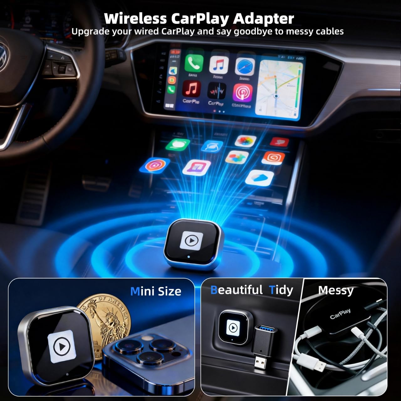[2026 Upgrade] 2-in-1 Wireless CarPlay and Android Auto Adapter, Plug & Play, 5GHz Dual-Band Zero Latency, with USB/USB-C Converter