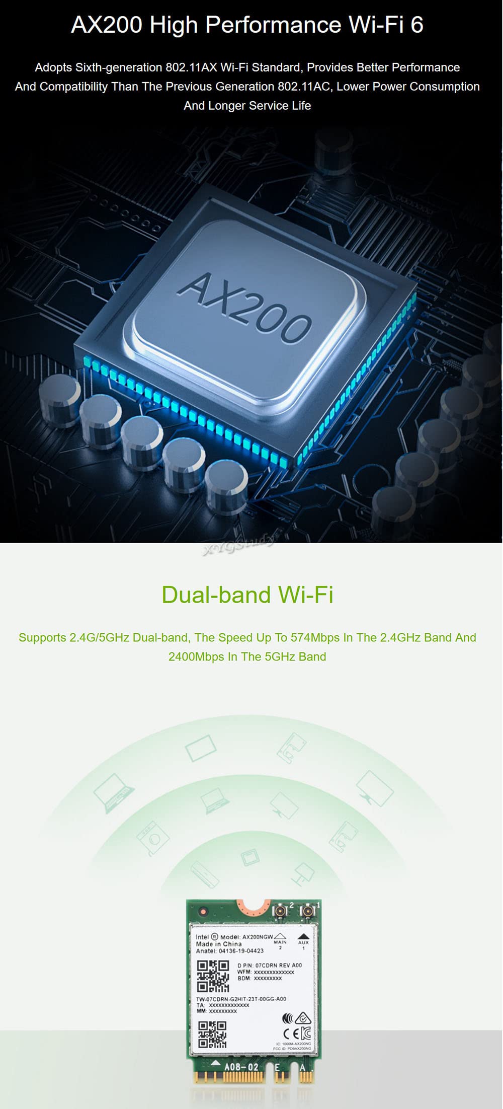 Wireless AX200 NIC Supports 2.4G/5GHz Dual-Band, Gigabit Dual-Band Wi-Fi 6, 802.11AX Standard, Bluetooth 5.2 @XYGStudy (Wireless-AX200)