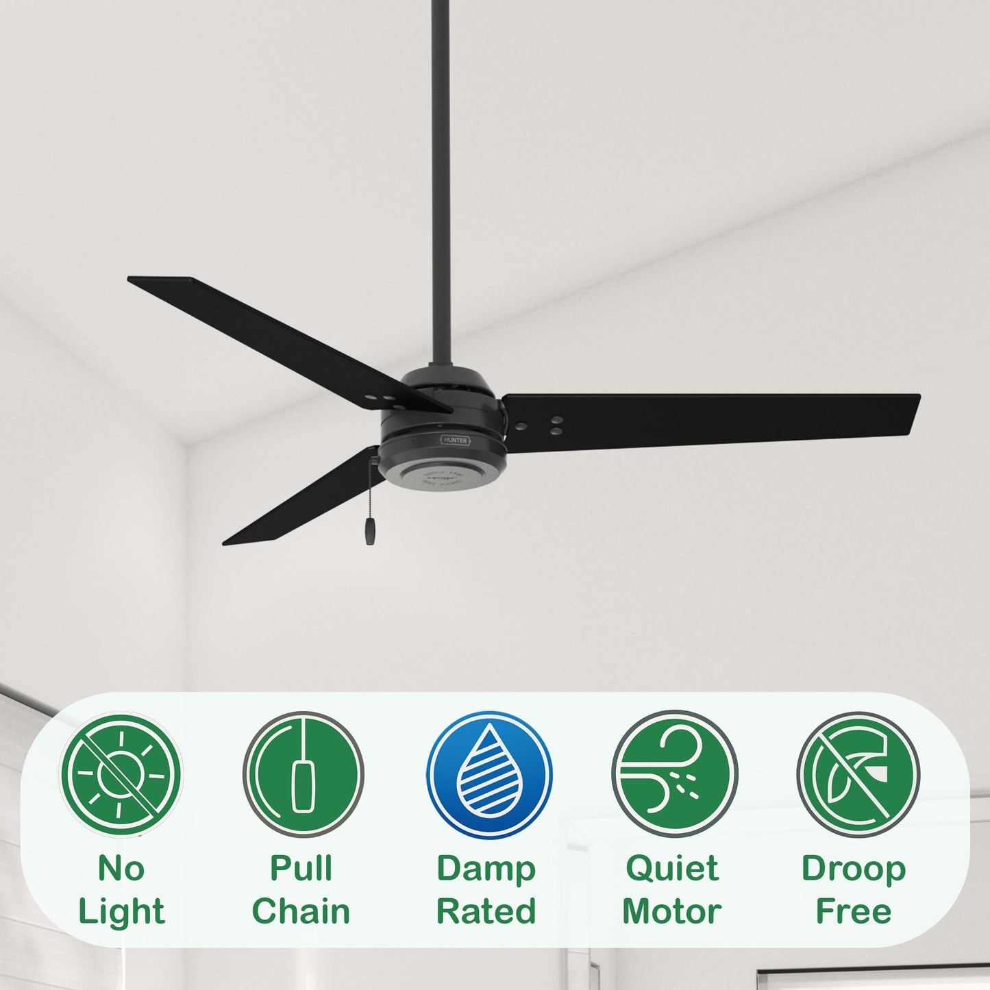 Hunter 52 in. Outdoor Industrial Ceiling fan in Matte Black, 3-Blade (Renewed)