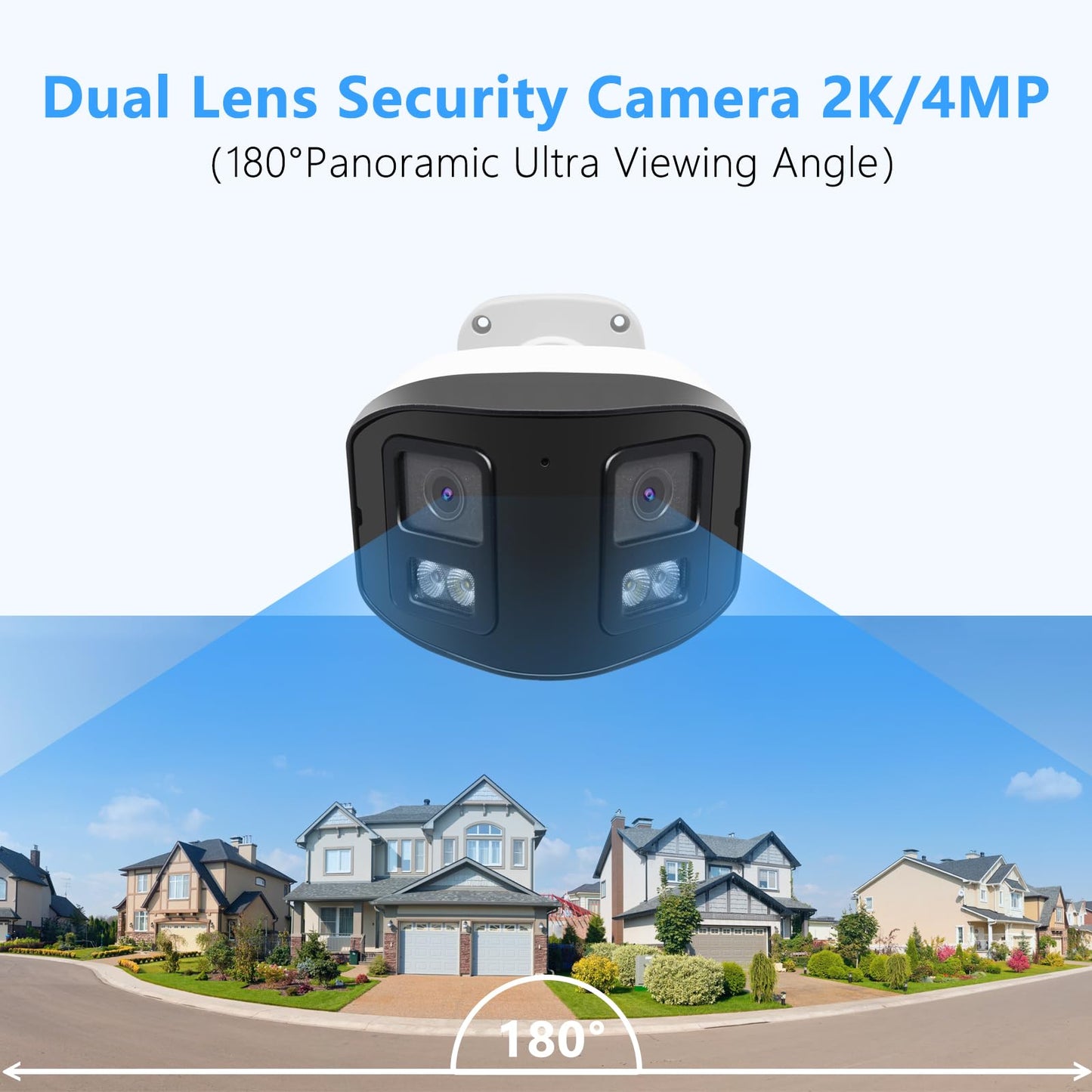 4MP Dual Lens PoE IP Security Camera with 180° Ultra Wide Viewing Angle, 2-Way Talk, AI Human Vehicle Detection, SD Card Slot(256GB), Full