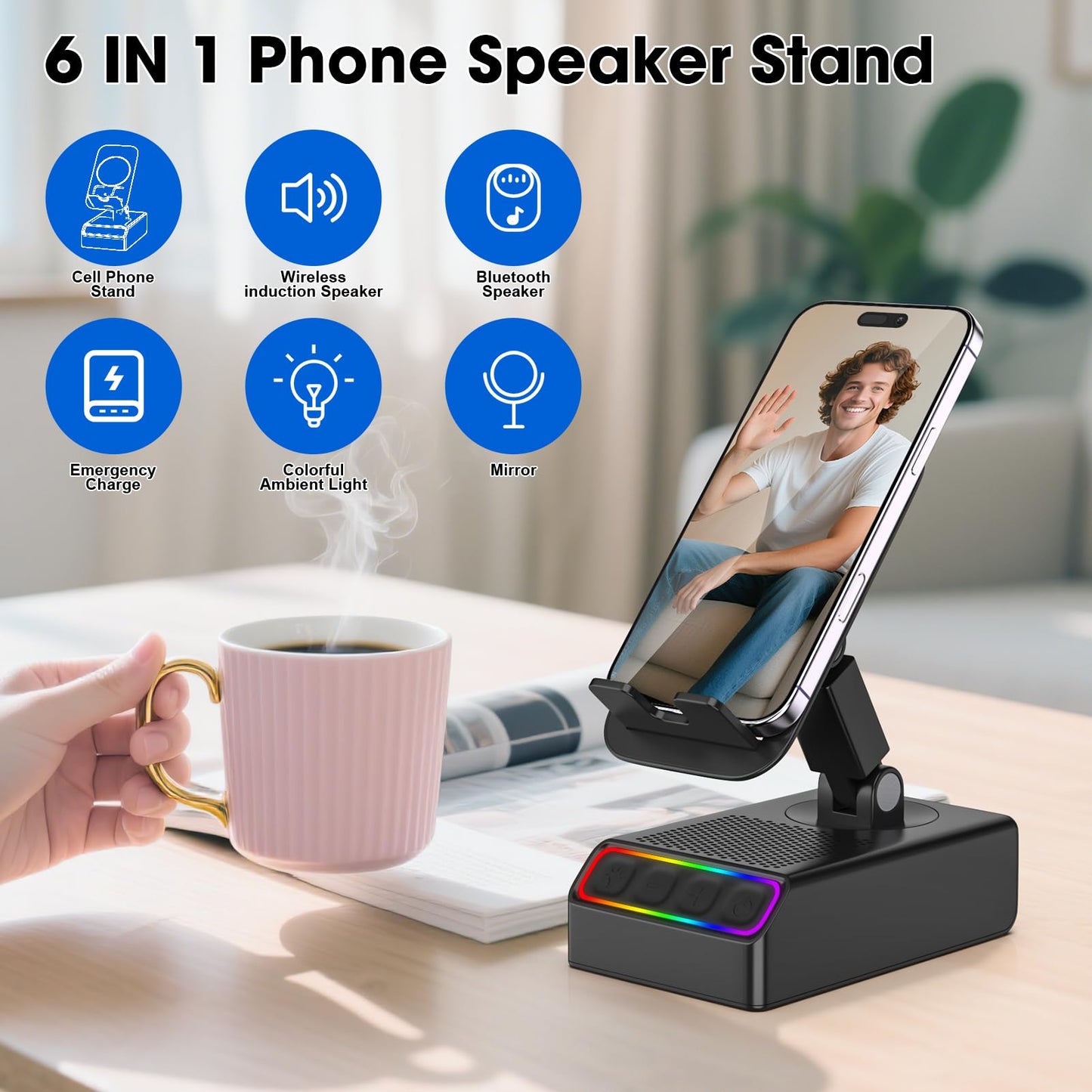Enfriliv Wireless Induction Audio Bluetooth Speaker 5in1 Phone Holder Emergency Rechargeable with Colorful Ambient Light 300° Foldable for Tablet