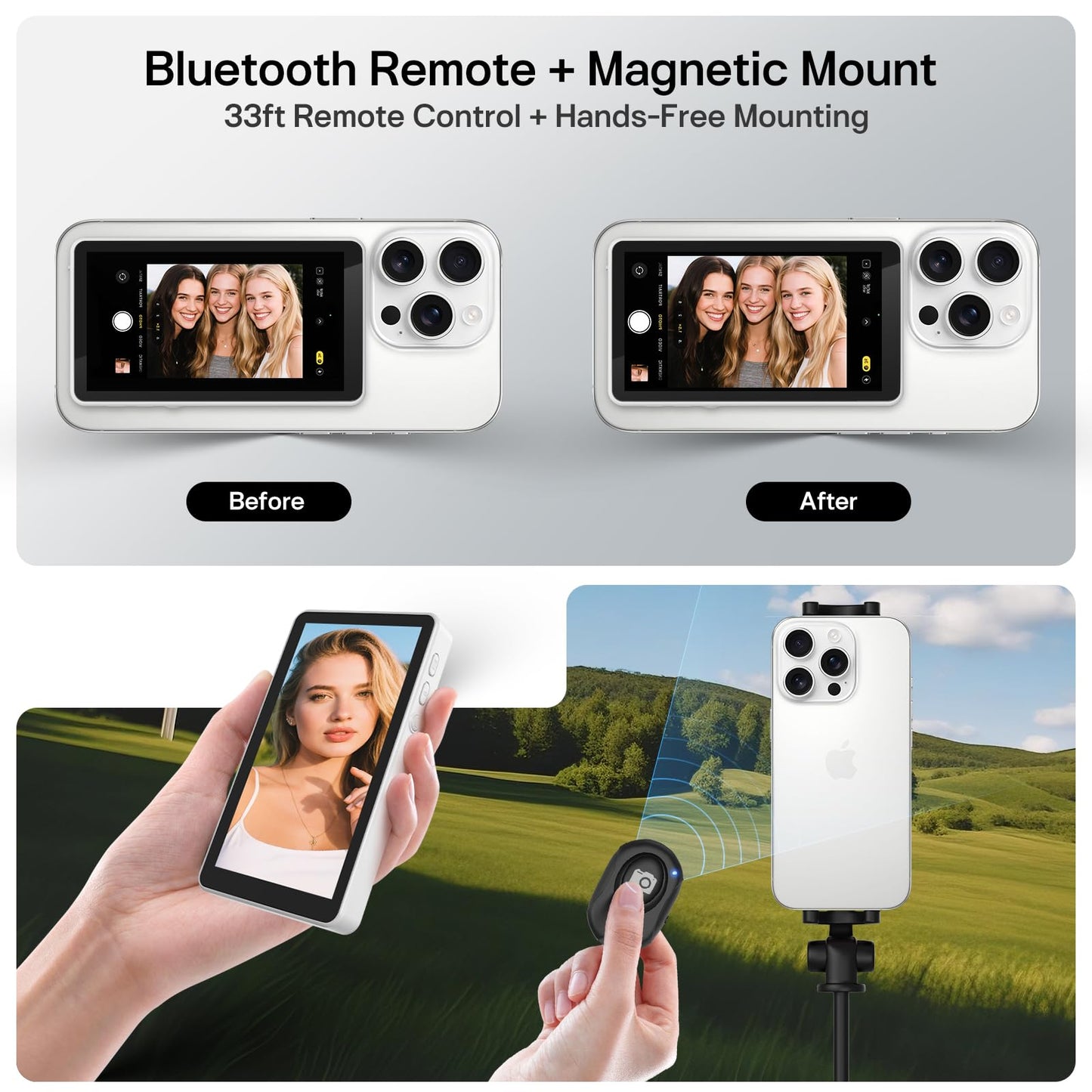 Henrety Wireless Vlog Selfie Monitor Screen for iPhone & Android, Bluetooth Remote, 180° Flip, Magnetic Stand, Wide Screen Mode, 1800mAh Battery, Rear