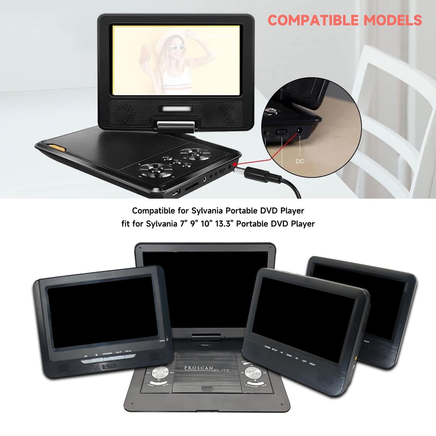 Sylvania 12V AC/DC Portable DVD Player Charger - Power Adapter for 7" to 13.3" Portable DVD Players (6.5Ft)