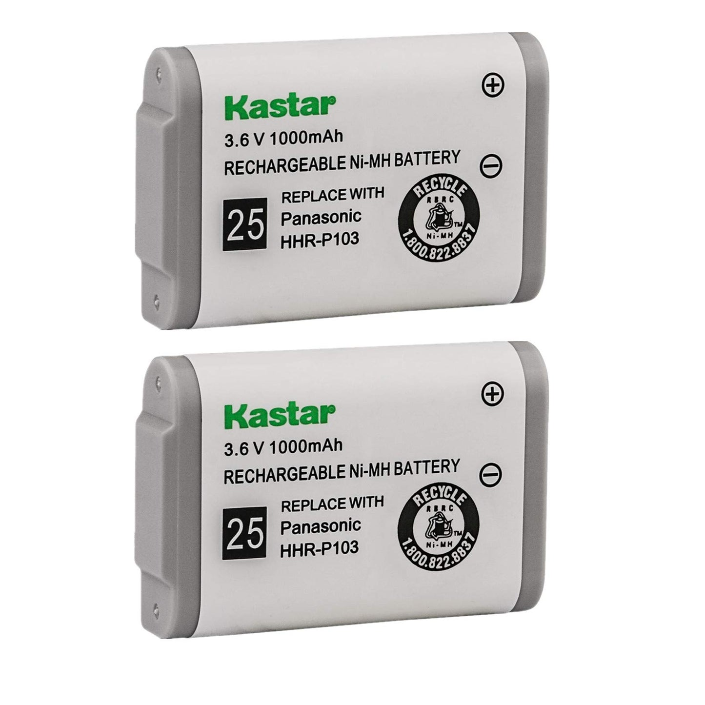 Kastar HHR-P103 Battery (2-Pack), Type 25, NI-MH Rechargeable Battery 3.6V 1000mAh, Replacement for Panasonic HHR-P103 / P-P103, AT&T, GE, Vtech