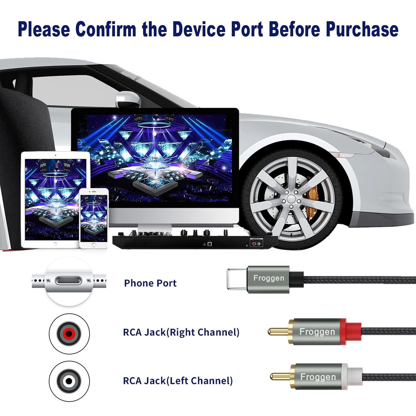 Froggen Lightning to RCA Cable 2 Male RCA Stereo Audio Auxiliary Cable Adapter, Compatible with iPhone for Power Amplifier, Car, Home Theater, Speaker