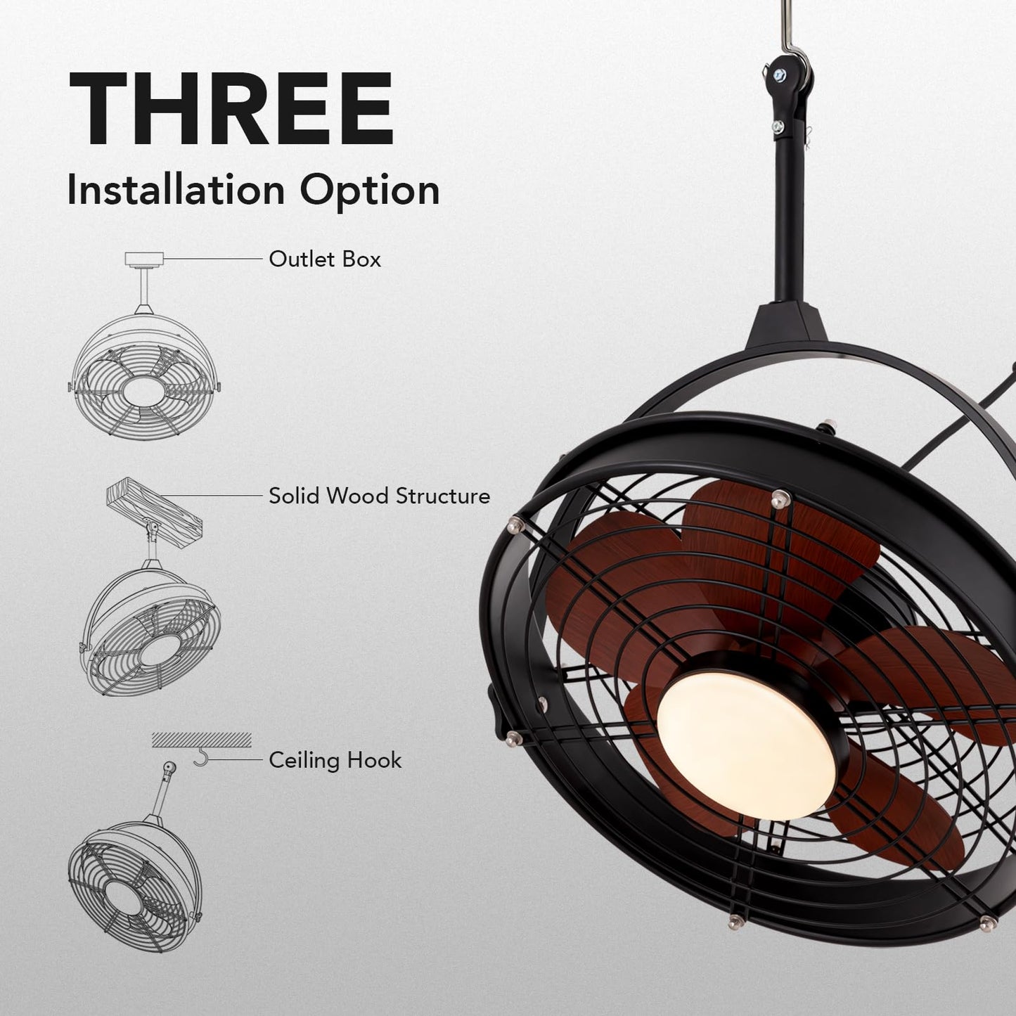 SPACORA 25 Inch Outdoor Ceiling Fan with Lights and Remote, Waterproof Gazebo Hanging Fan with 3CCT Dimmable, Black Plug in Caged Ceiling Fan