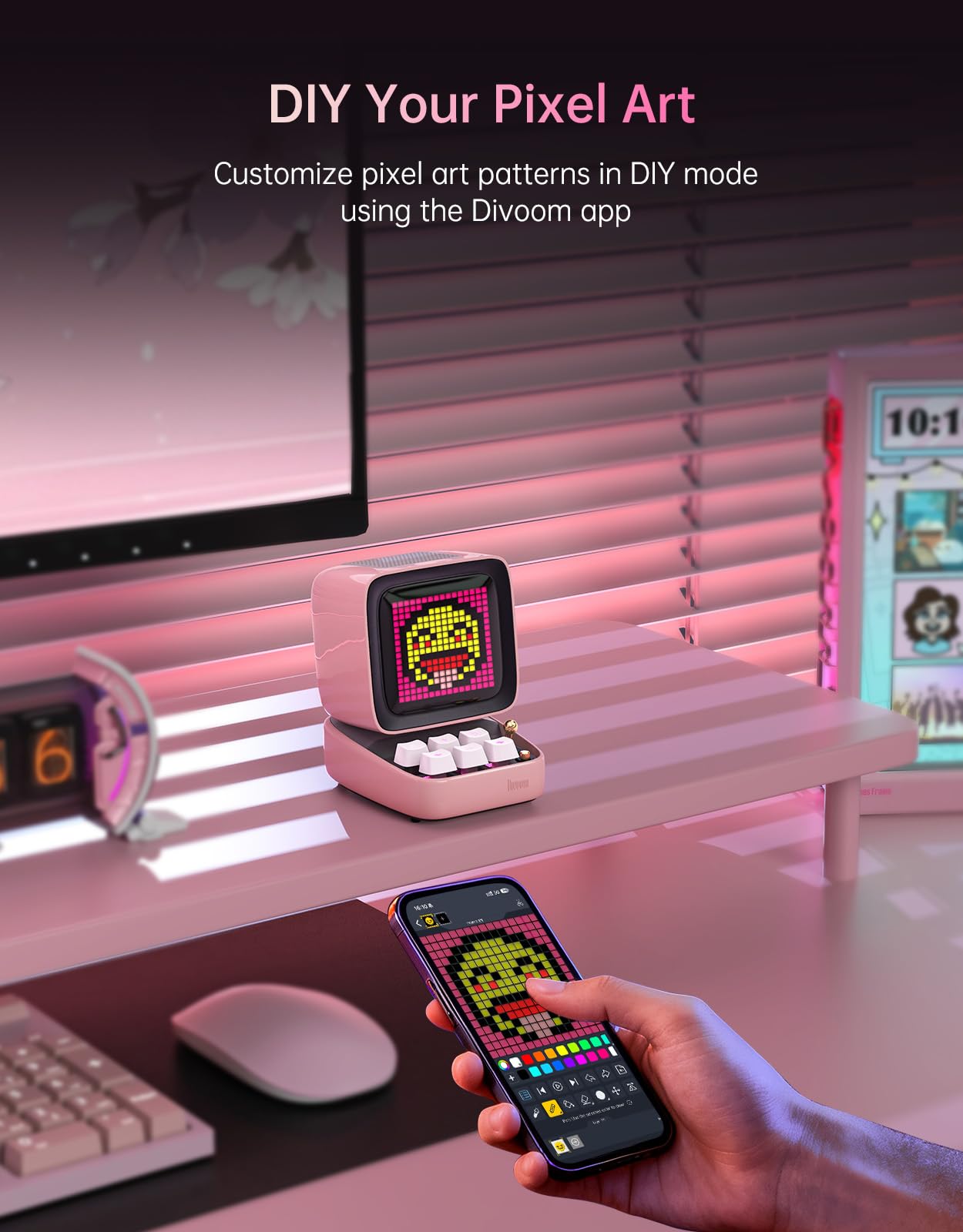 Divoom Ditoo Retro Pixel Art Game Bluetooth Speaker with 16X16 LED App Controlled Front Screen (Pink)