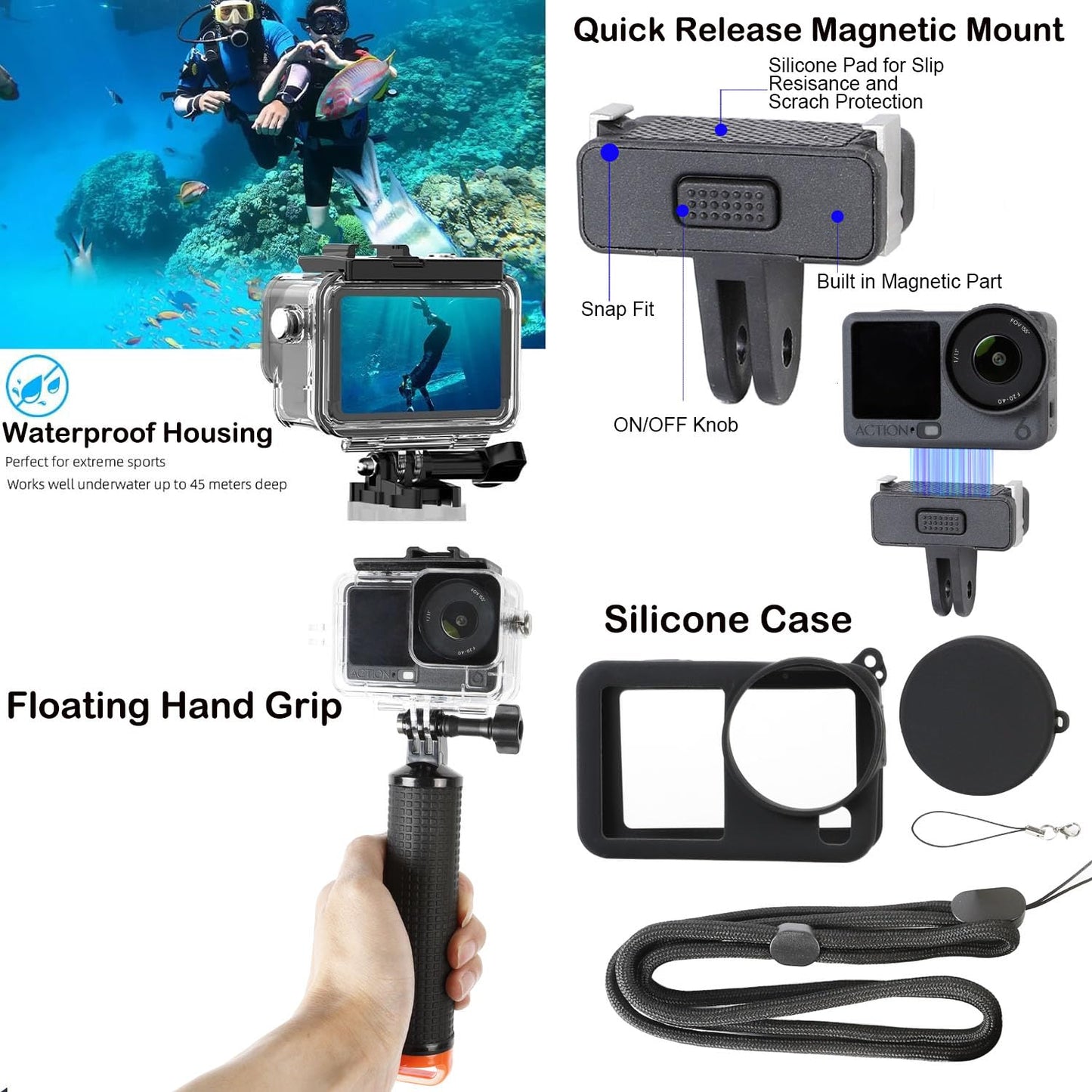 PellKing Accessories Kit for DJI Osmo Action 6,Carrying Case with Belt 135cm Selfie Stick Tripod Waterproof Housing Suction Cup Magnetic Handlebar